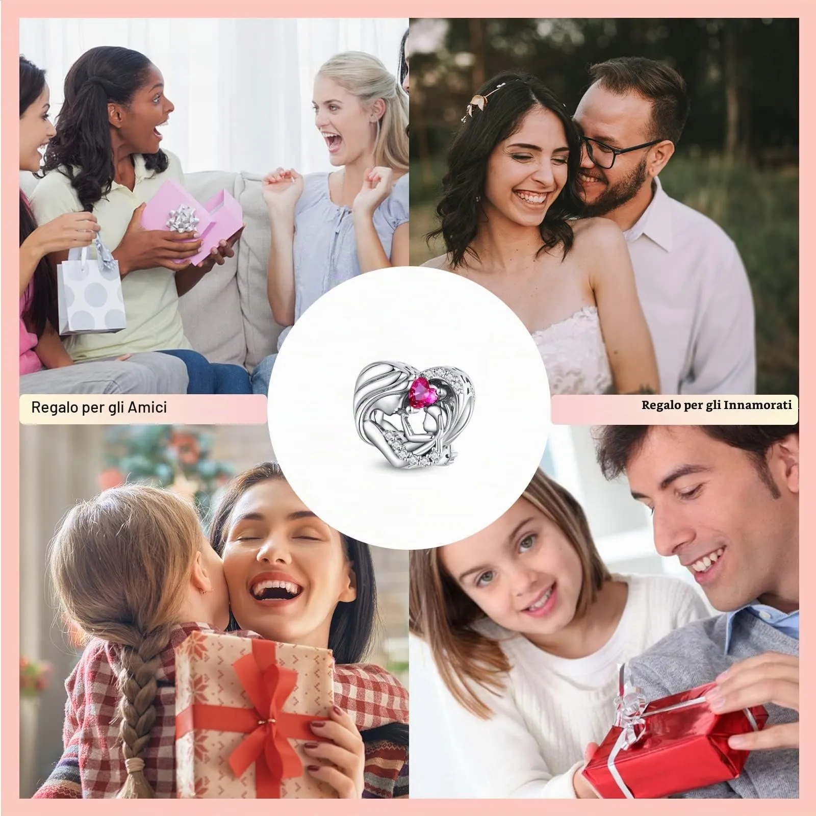NINGAN Pendente amore in argento 925 per madre e bambino Perline preziose viola lucide adatte per bracciale da donna - immagine 6