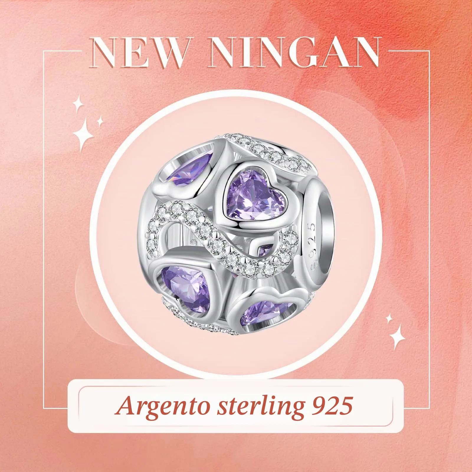 NINGAN Argento 925 Amore infinito - Charm con zirconi viola Perline per bracciali da donna Regali per la famiglia e gli amici - immagine 2
