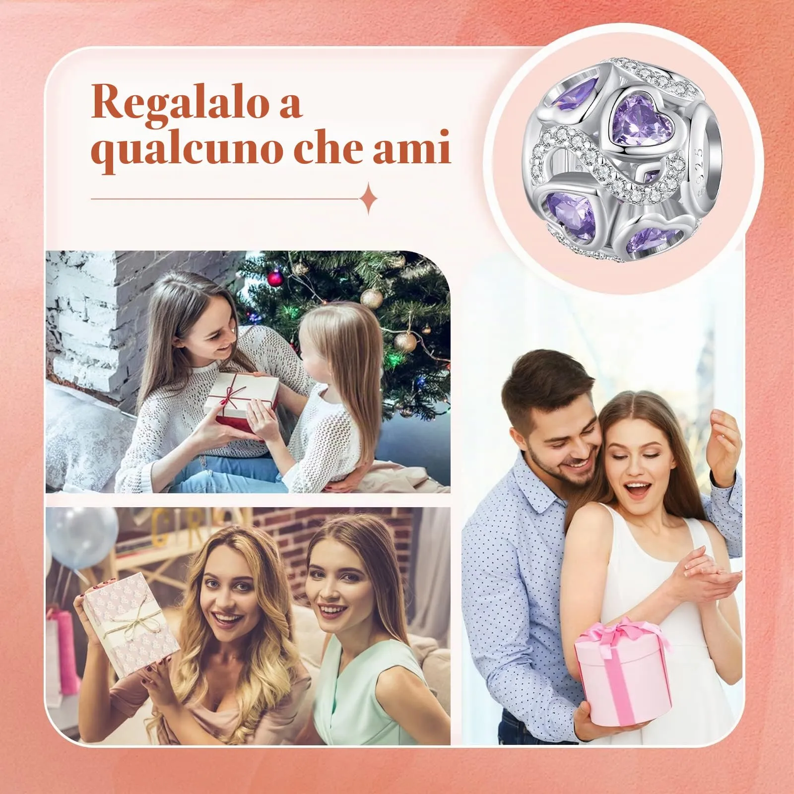 NINGAN Argento 925 Amore infinito - Charm con zirconi viola Perline per bracciali da donna Regali per la famiglia e gli amici - immagine 7