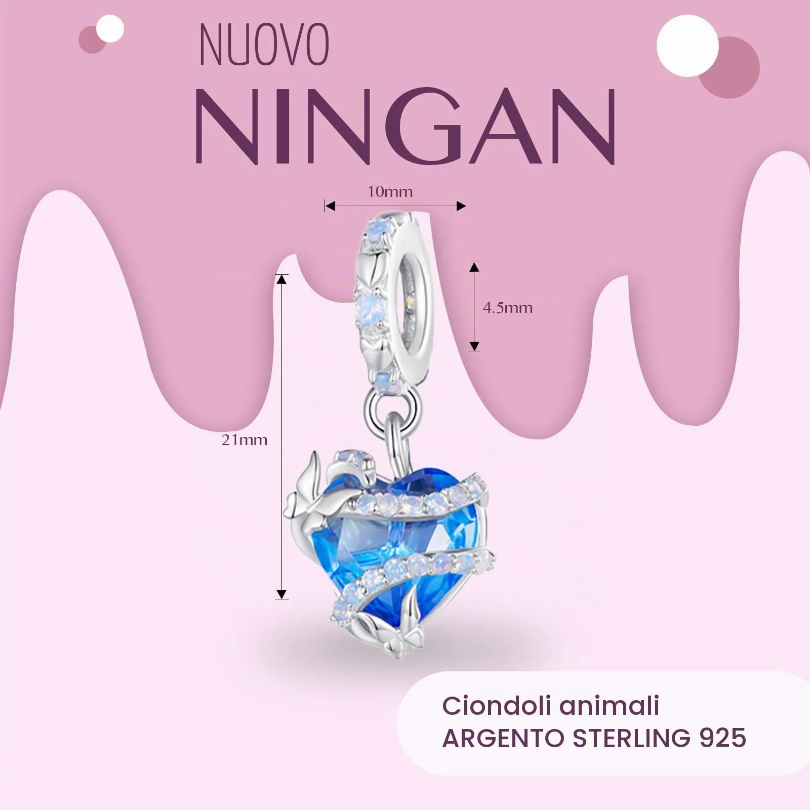 NINGAN 925 Ciondolo A Forma Di Cuore Incantato In Argento Sterling Perline Blu Scintillanti Strass Opalino Adatto Per Le Donne Bracciale Collana - immagine 2