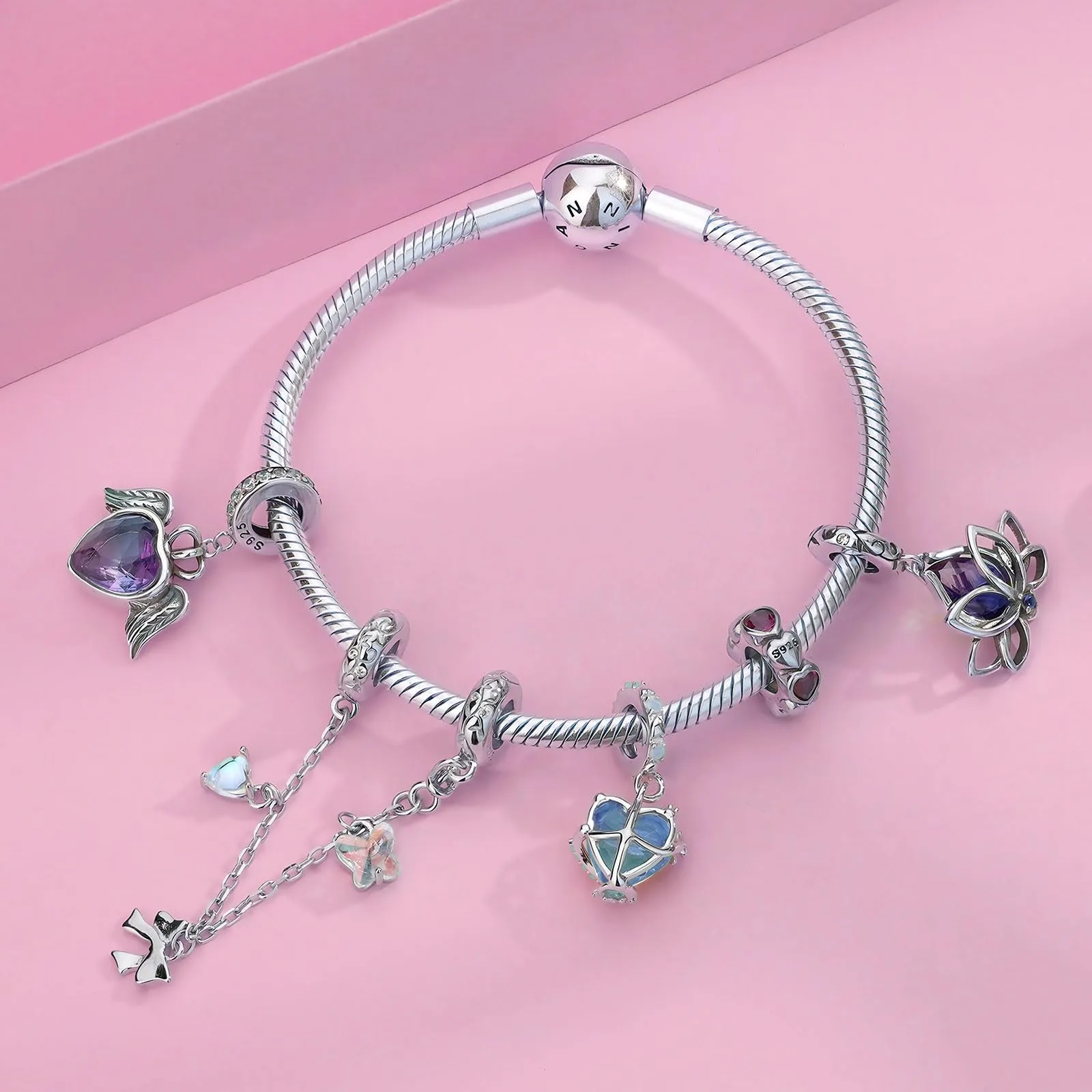 NINGAN 925 Ciondolo A Forma Di Cuore Incantato In Argento Sterling Perline Blu Scintillanti Strass Opalino Adatto Per Le Donne Bracciale Collana - immagine 3