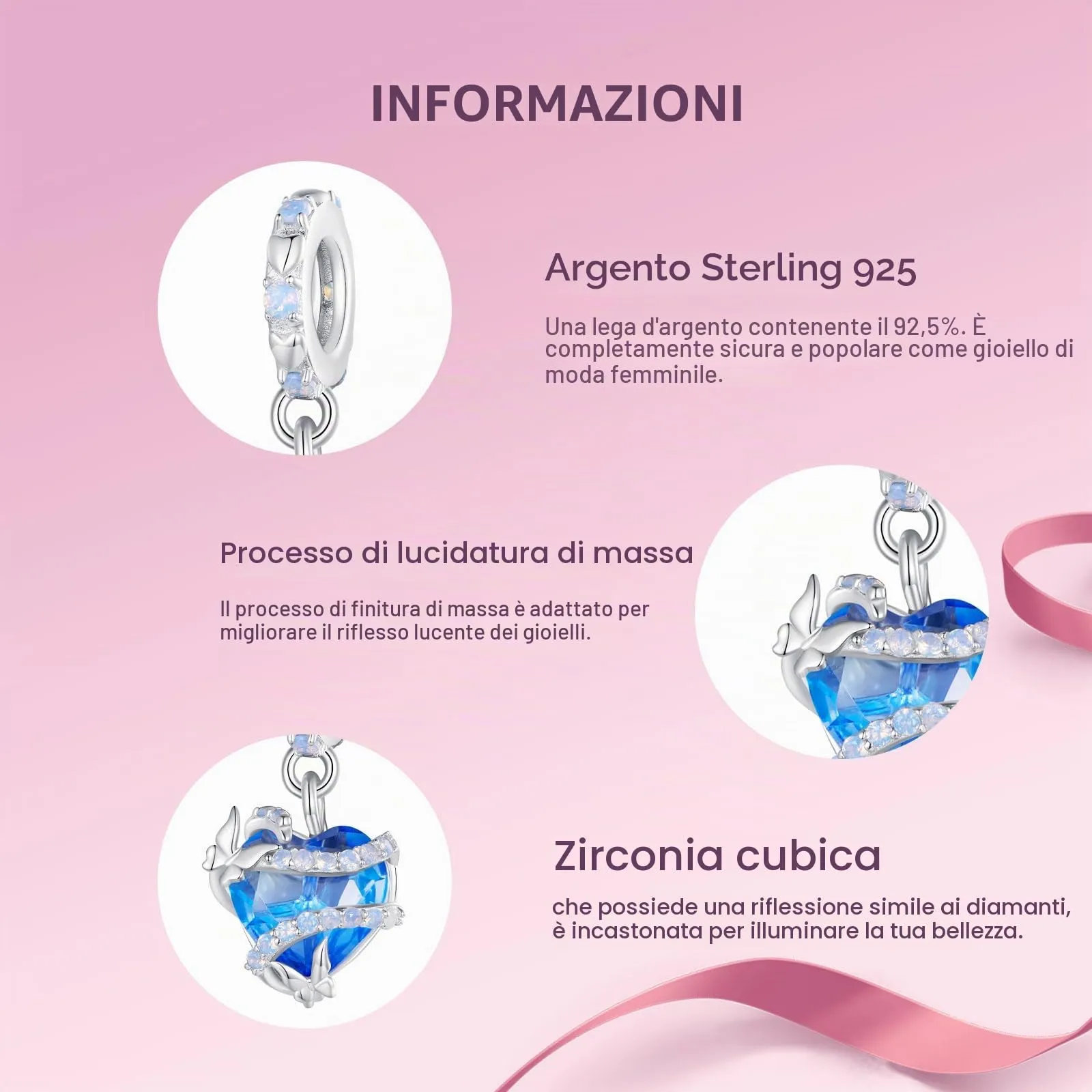 NINGAN 925 Ciondolo A Forma Di Cuore Incantato In Argento Sterling Perline Blu Scintillanti Strass Opalino Adatto Per Le Donne Bracciale Collana - immagine 4