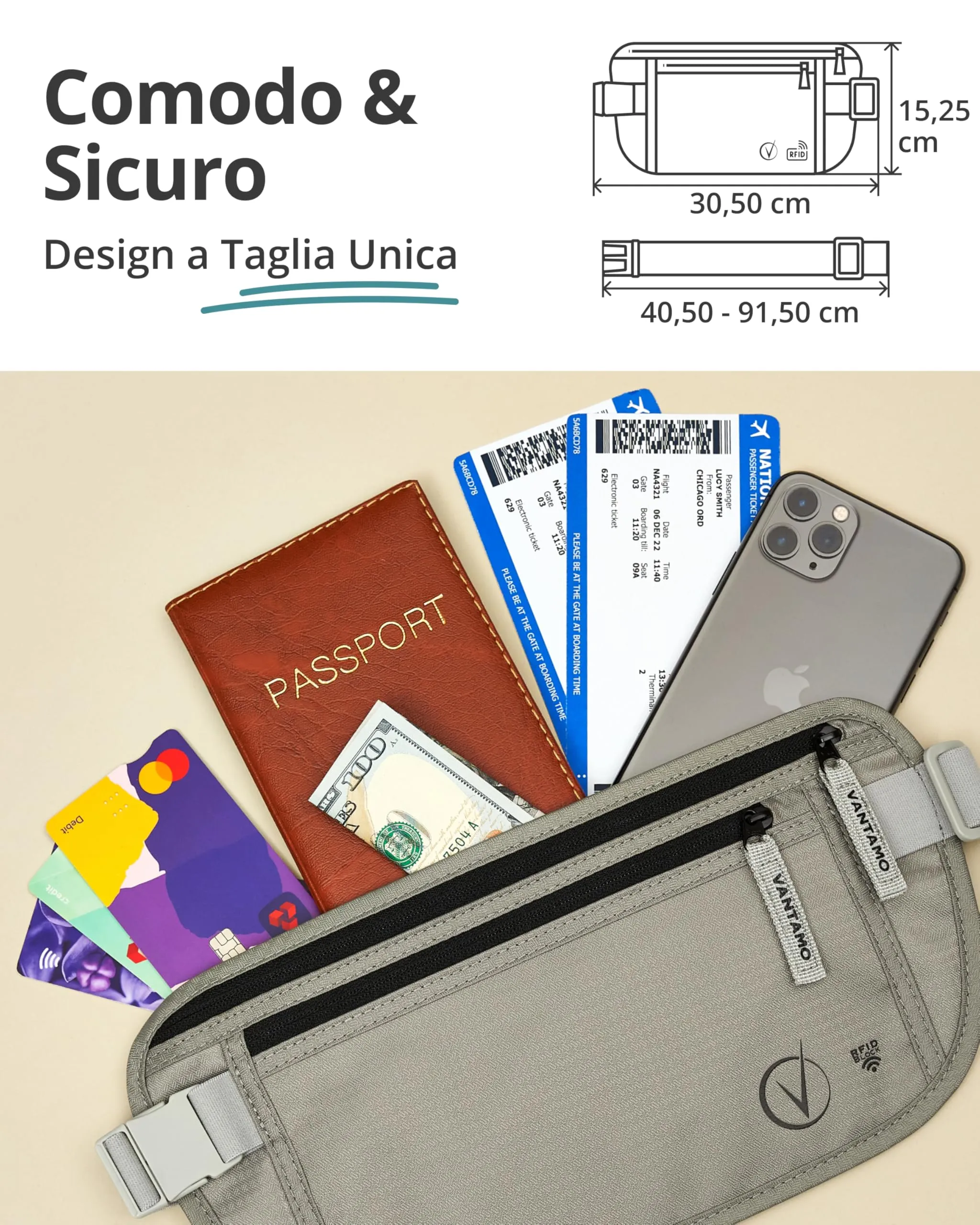 Cintura per soldi da viaggio nascosta, portafoglio con protezione RFID, adatta per passaporto e telefono con custodia - immagine 4