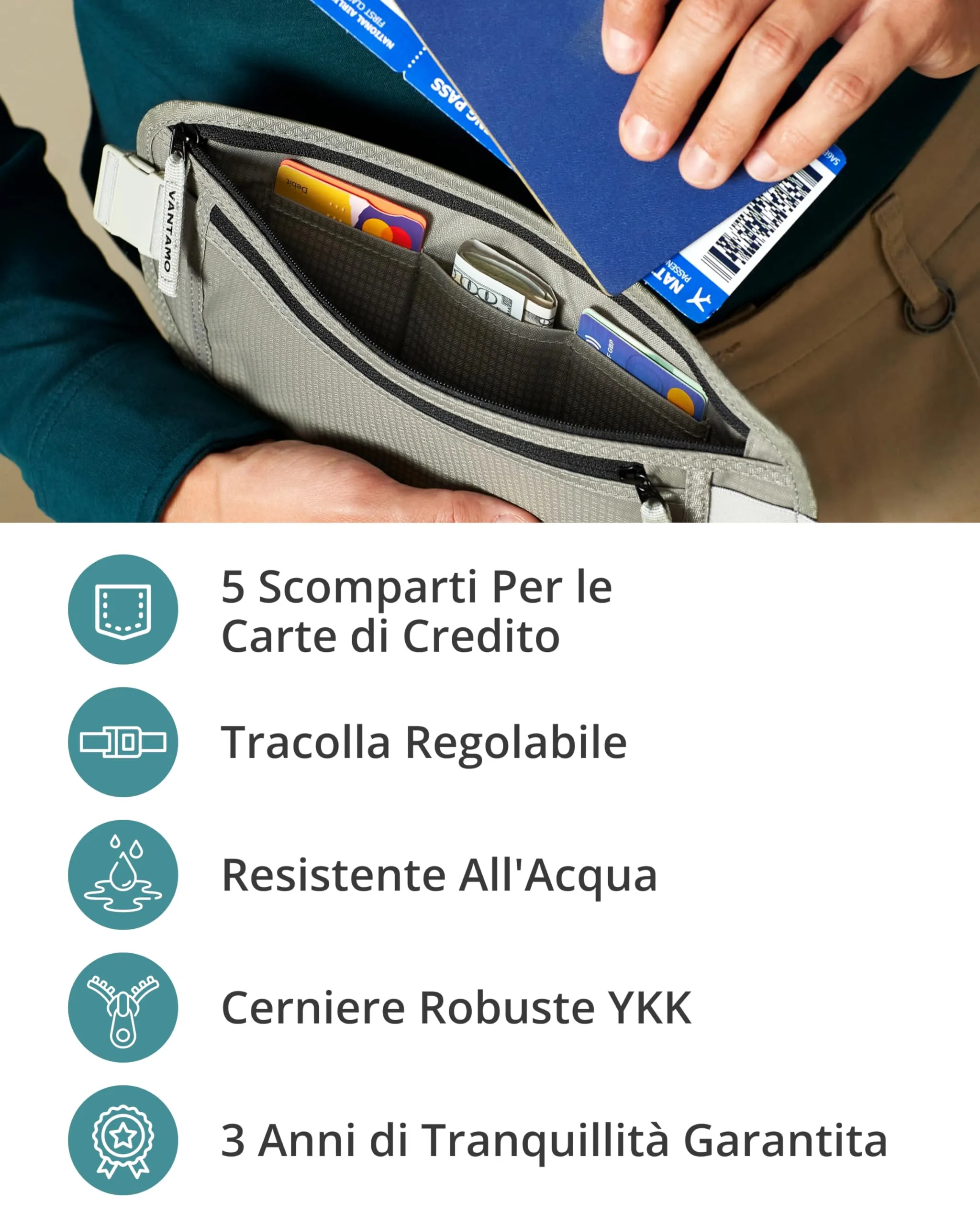 Cintura per soldi da viaggio nascosta, portafoglio con protezione RFID, adatta per passaporto e telefono con custodia - immagine 5