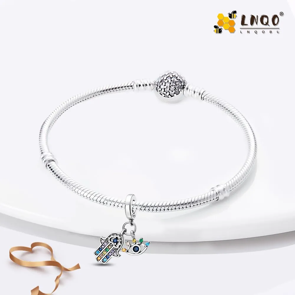 LNQOBU Ciondolo con Charm Argento Sterling 925 Fatima's Hand Dangle Charm Compatibile con Pandora e Europei Bracciale Collane da Donna（Fornito con una Perlina） - immagine 2