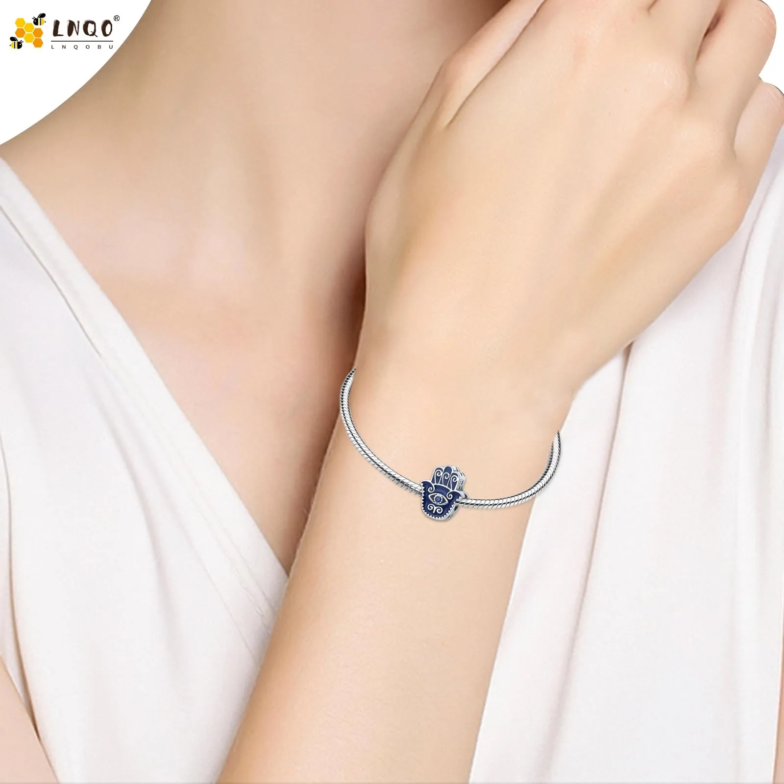 LNQOBU Ciondolo con Charm Argento Sterling 925 Fatima's Hand Dangle Charm Compatibile con Pandora e Europei Bracciale Collane da Donna(Fornito con una Perlina) - immagine 3