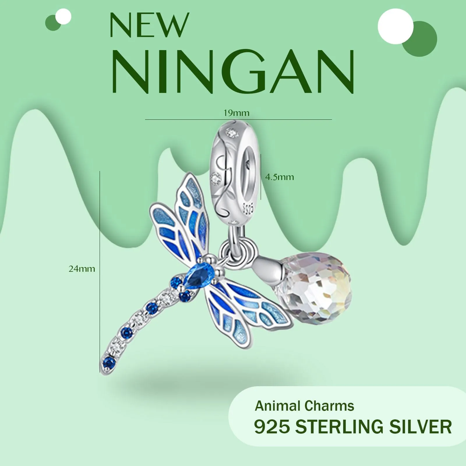 NINGAN 925 Argento Sterling Blu Goccia Smalto Ciondolo Libellula Compatibile con Donna Bracciale Collana Ciondolo Fascino Donna Bracciale Perline - immagine 2