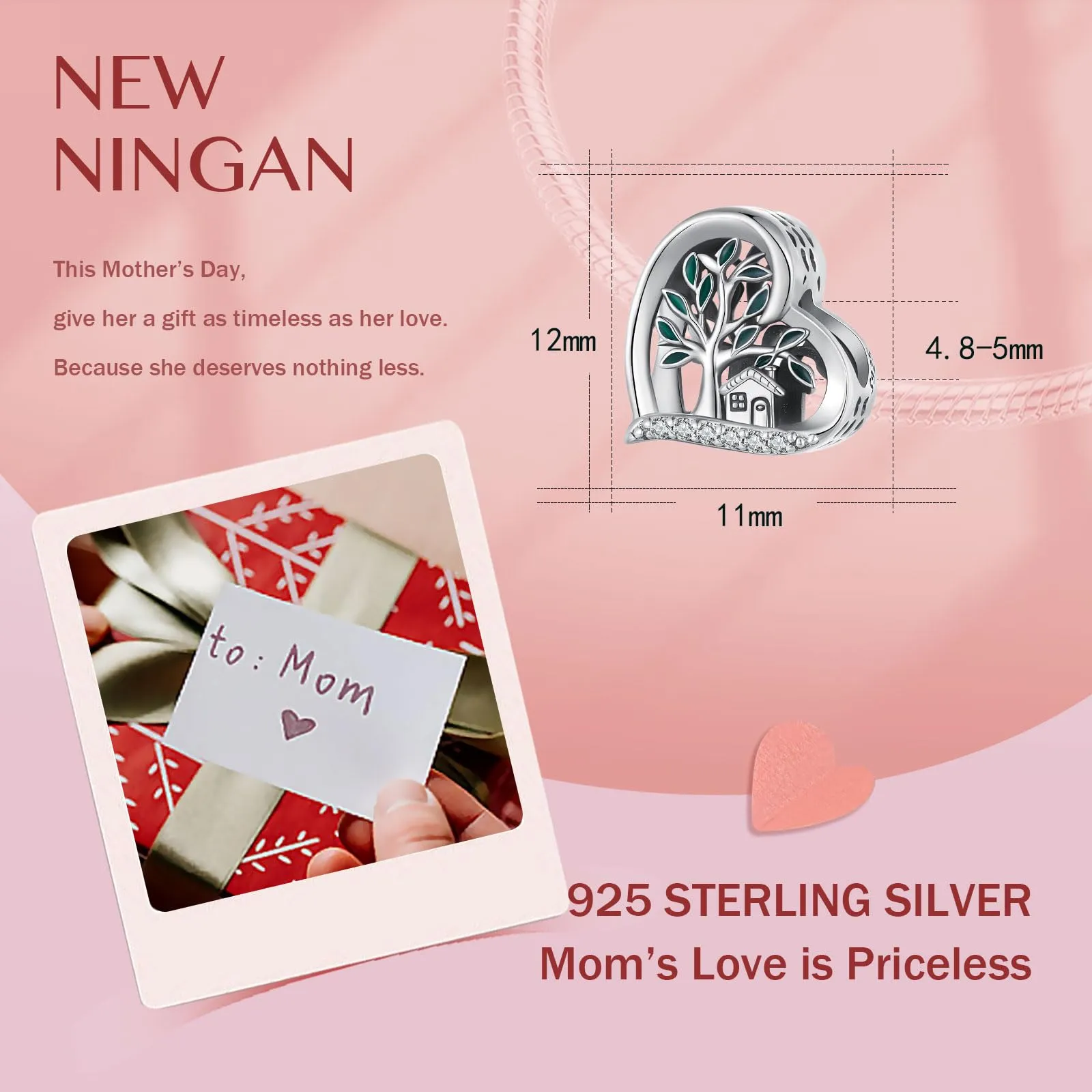 NINGAN 925 argento sterling ciondolo albero genealogico signore bracciale perline di fascino, un regalo per la famiglia - immagine 4