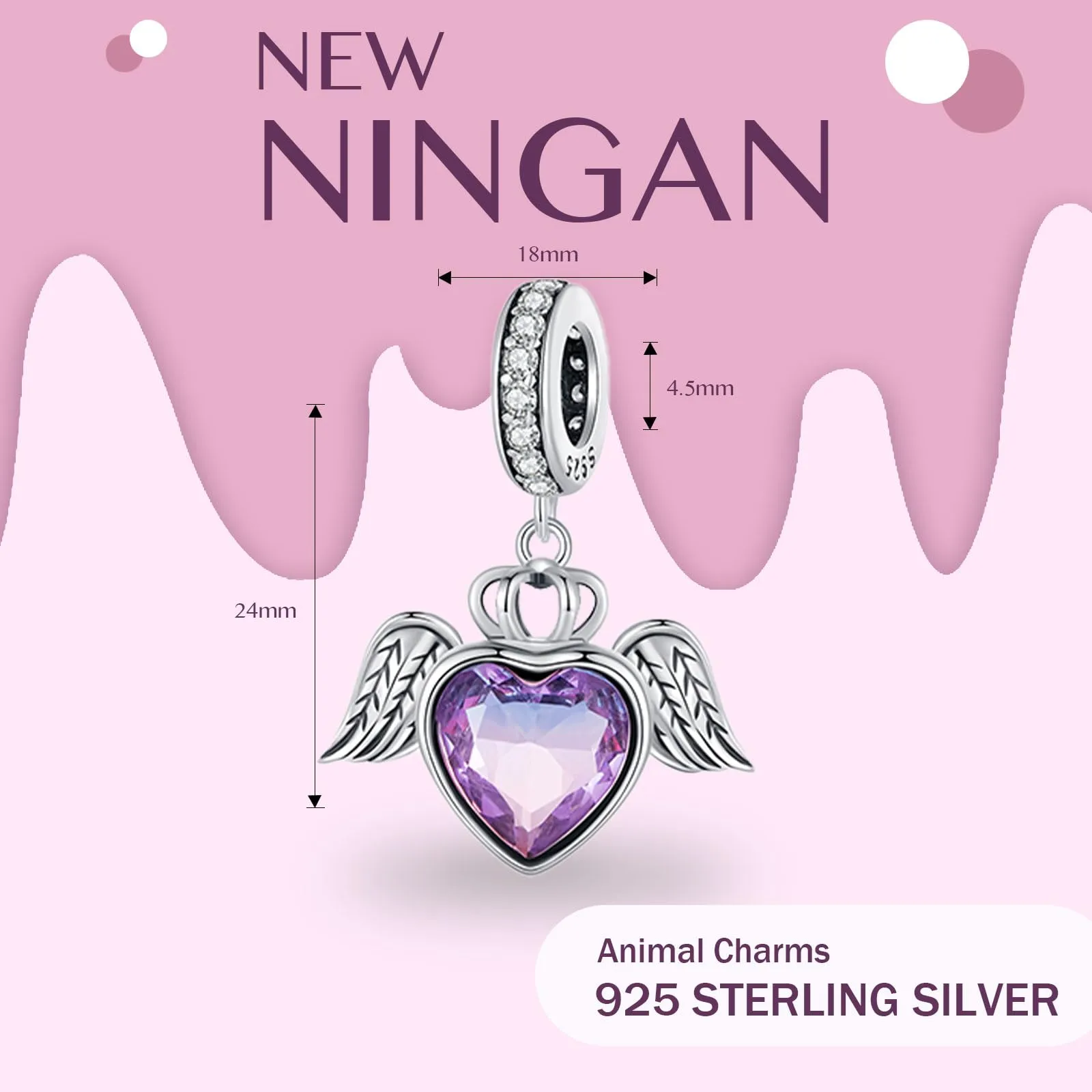 NINGAN 925 Sterling Silver Wings Guardian Warm Stone Beads Ladies Bracelet Charm Heart Shaped Beads Pendant Birthday Gift - immagine 2