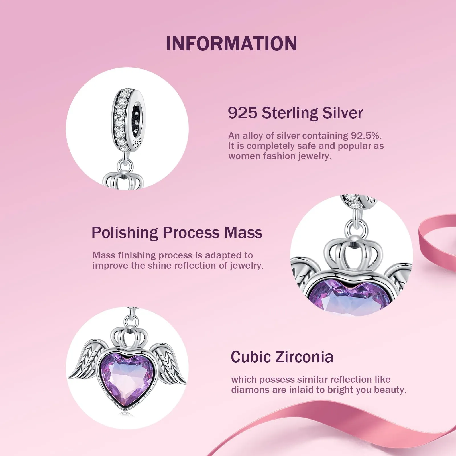 NINGAN 925 Sterling Silver Wings Guardian Warm Stone Beads Ladies Bracelet Charm Heart Shaped Beads Pendant Birthday Gift - immagine 4