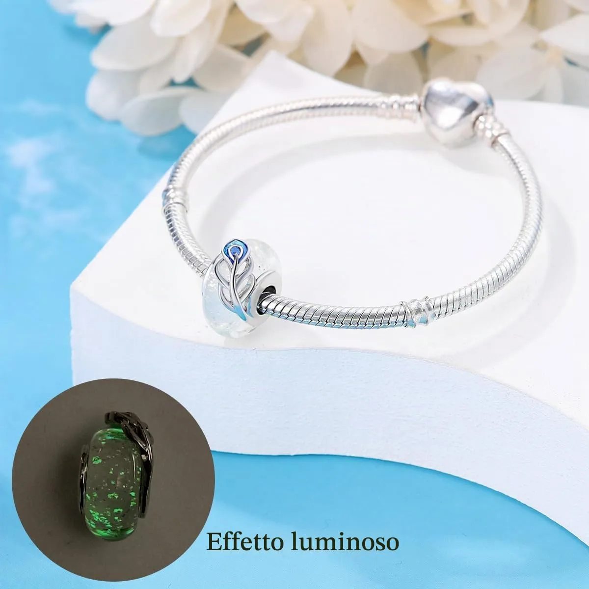 LNQOBU Charm Argento Vetro di Murano,Rosse Perline a Cuore,Blu,Gialli,Charms Bead Adatto Bracciale Europeo Per Donne - immagine 3