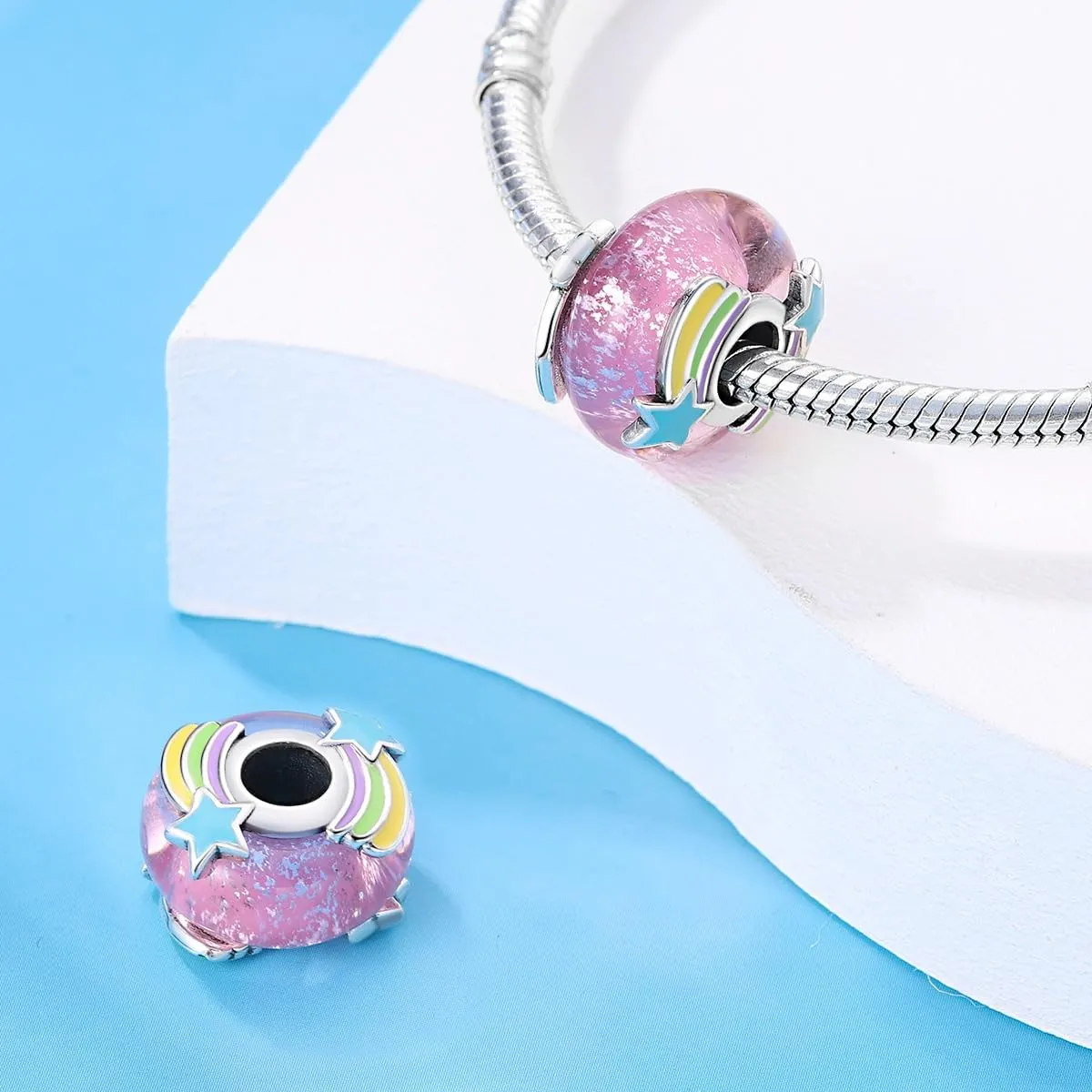LNQOBU Charm Argento Vetro di Murano,Rosse Perline a Cuore,Blu,Gialli,Charms Bead Adatto Bracciale Europeo Per Donne - immagine 2