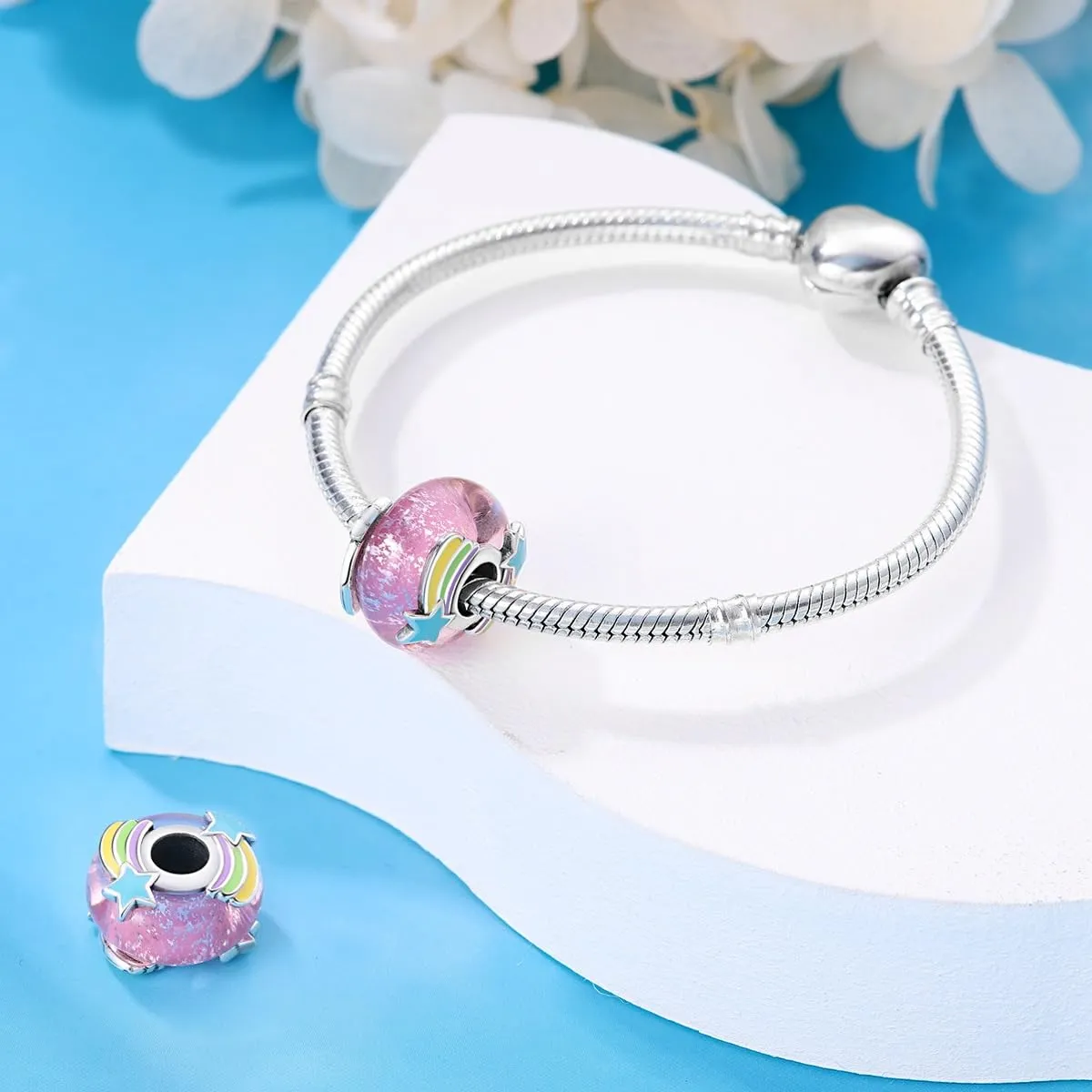 LNQOBU Charm Argento Vetro di Murano,Rosse Perline a Cuore,Blu,Gialli,Charms Bead Adatto Bracciale Europeo Per Donne - immagine 4
