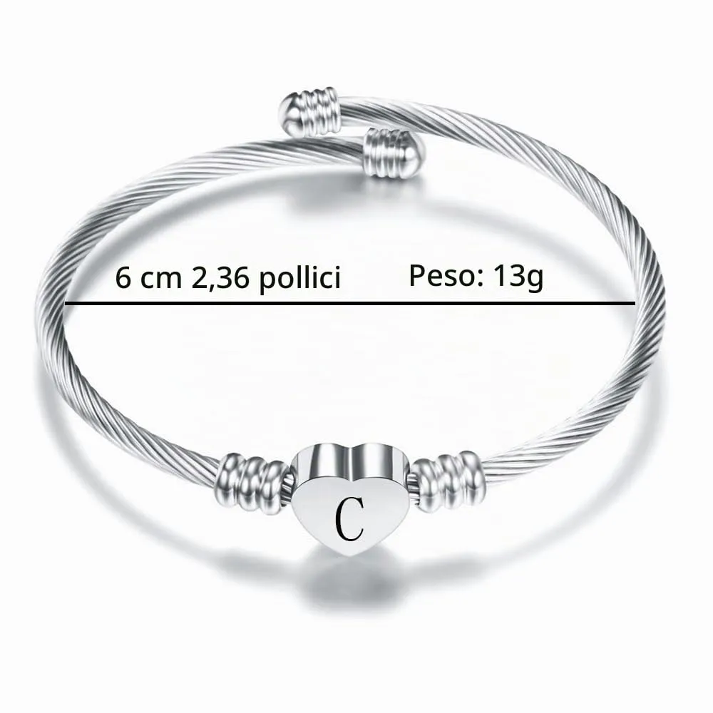 Suonie Argento Amore Cuore 26 Lettera Iniziale Alfabeto A-Z Polsino Bracciale Gioielli Regolabili Regalo Per Figlia Figlio Sorelle Amici Mamma Collega Amante Compleanno Natale (C) - immagine 2