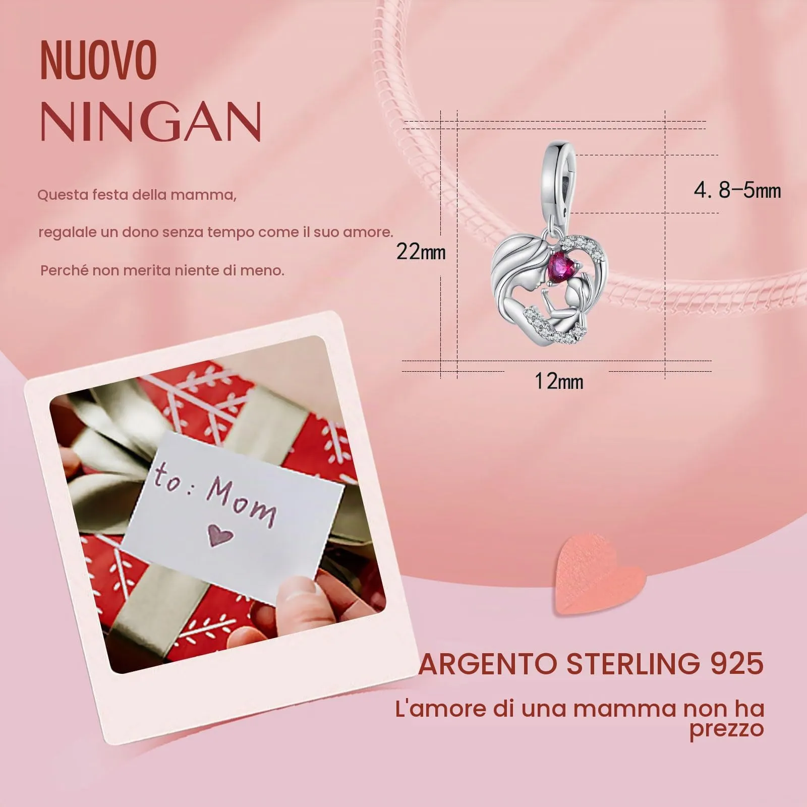 NINGAN 925 Argento Sterling Fascino Madre Bambino Abbraccio Ciondolo Compatibile Con Le Donne Braccialetto Fascino Perlina, Famiglia Amico Madre Regalo Di Compleanno - immagine 5
