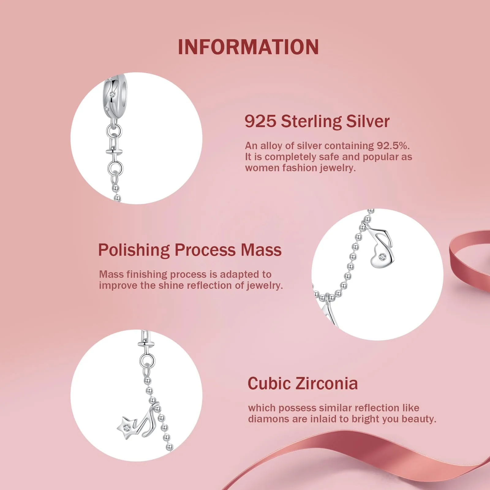 NINGAN 925 Argento Sterling Nota Sicurezza Collana Perlina Compatibile Con Bracciale Donna Perlina 5a Zircone Fascino, Famiglia E Amici Regali Di Compleanno - immagine 3