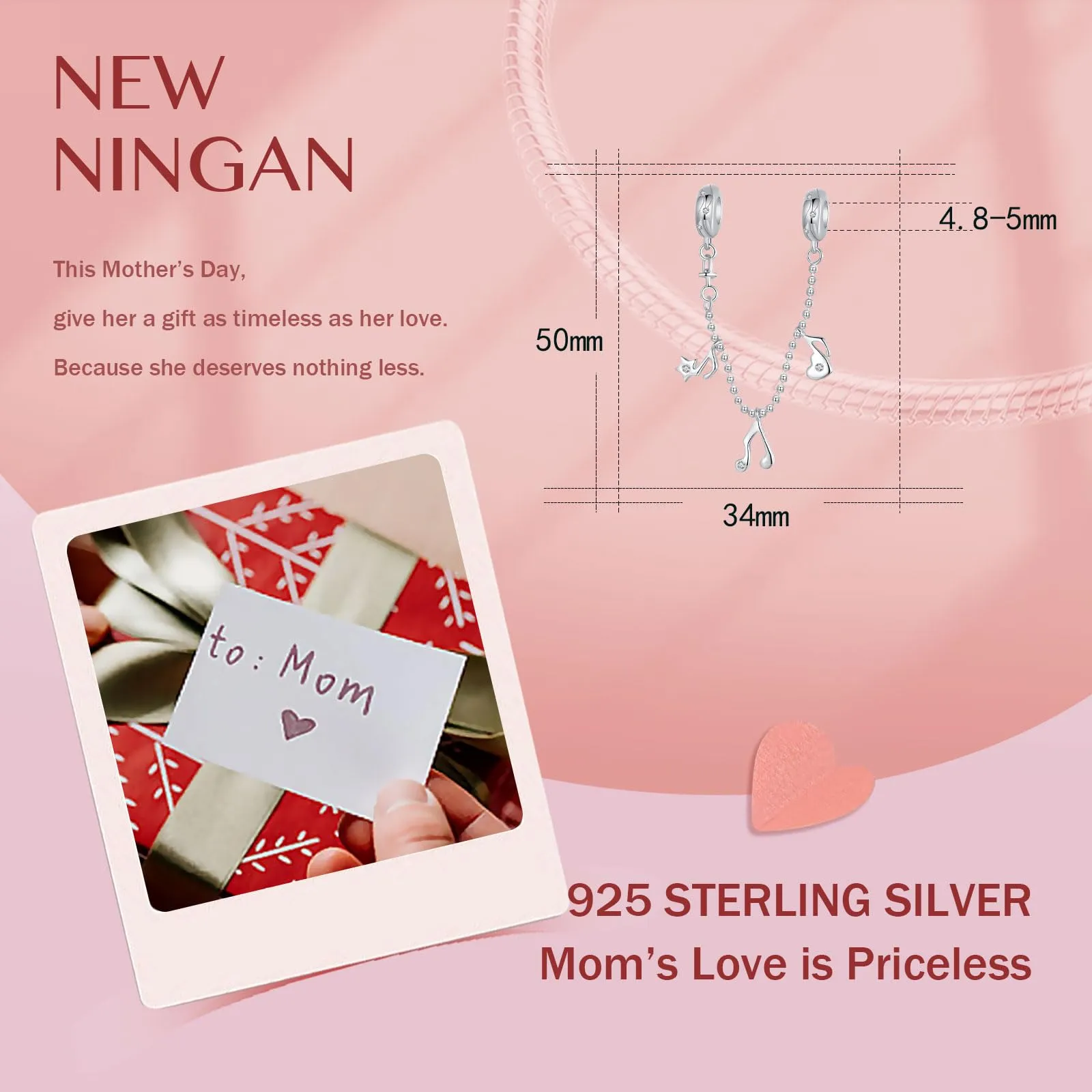 NINGAN 925 Argento Sterling Nota Sicurezza Collana Perlina Compatibile Con Bracciale Donna Perlina 5a Zircone Fascino, Famiglia E Amici Regali Di Compleanno - immagine 5
