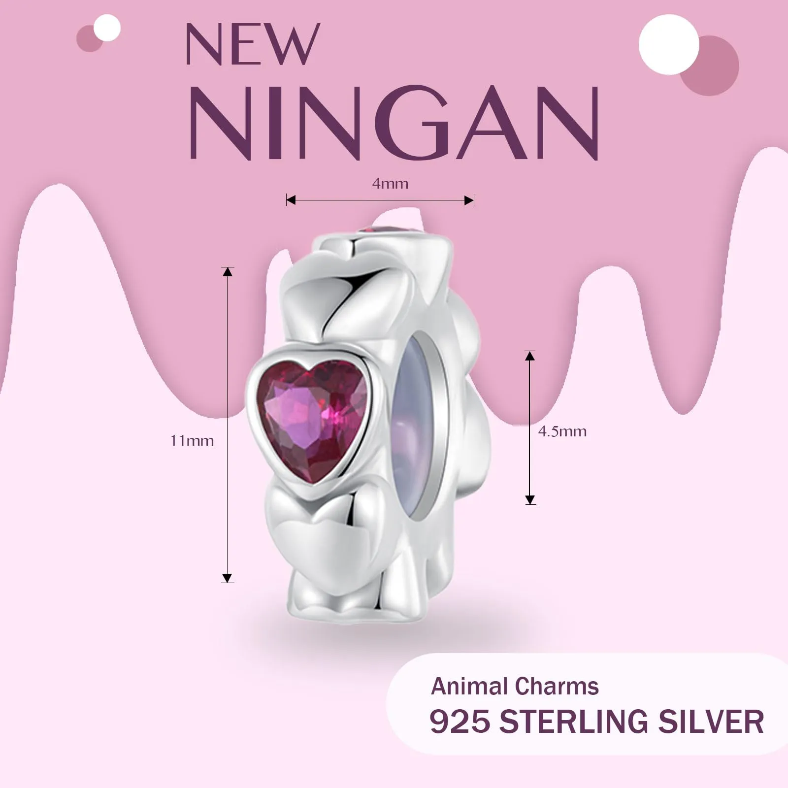 NINGAN 925 Argento Sterling A Forma Di Cuore Interval Pearl Charm, Compatibile Con Le Donne Bracciale 5a Zircon Pearl, Regalo Di Compleanno Di San Valentino - immagine 2