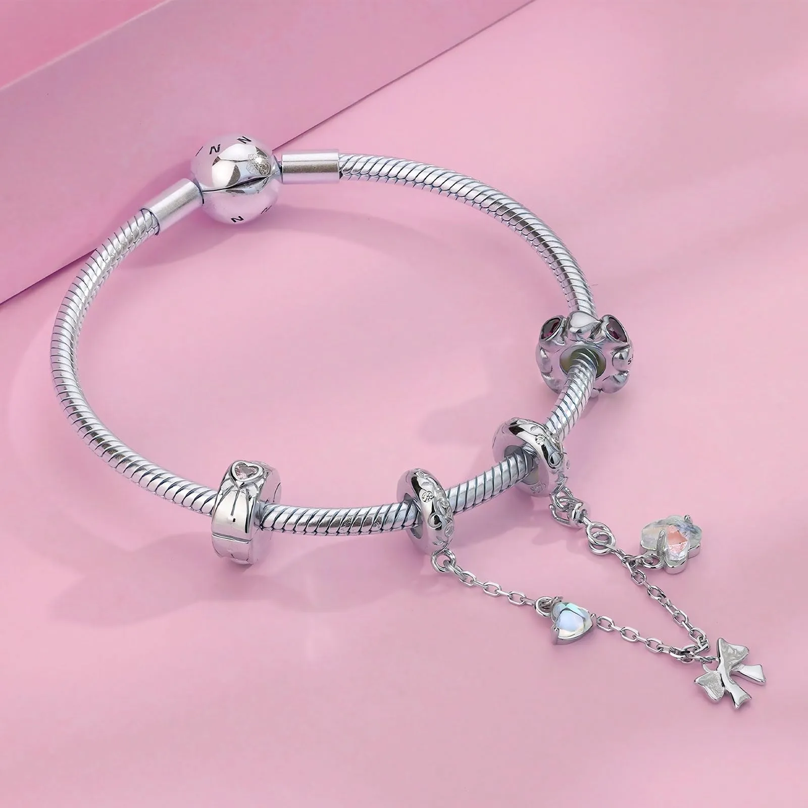NINGAN 925 Argento Sterling A Forma Di Cuore Interval Pearl Charm, Compatibile Con Le Donne Bracciale 5a Zircon Pearl, Regalo Di Compleanno Di San Valentino - immagine 3