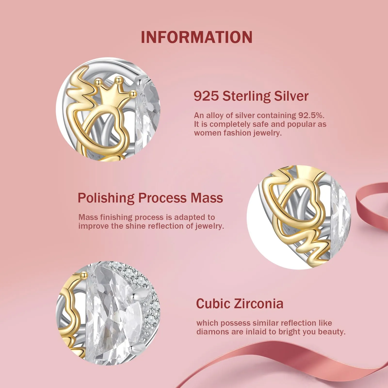 NINGAN 925 Argento Sterling Charm Madre Cuore A Forma Di Perlina Compatibile Donne Braccialetto Fascino Perlina, Famiglia E Amici Madre Regalo Di Compleanno - immagine 3