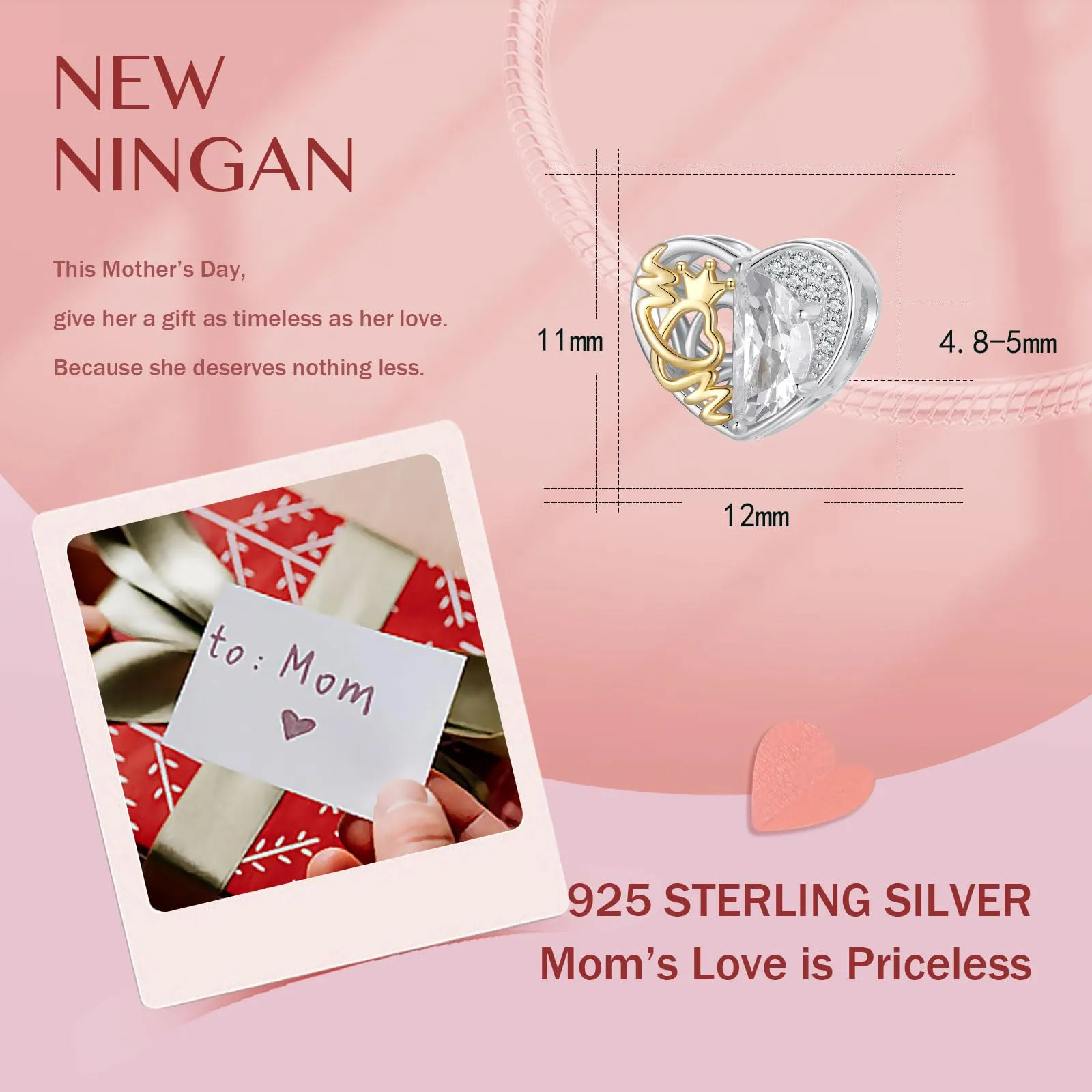 NINGAN 925 Argento Sterling Charm Madre Cuore A Forma Di Perlina Compatibile Donne Braccialetto Fascino Perlina, Famiglia E Amici Madre Regalo Di Compleanno - immagine 5