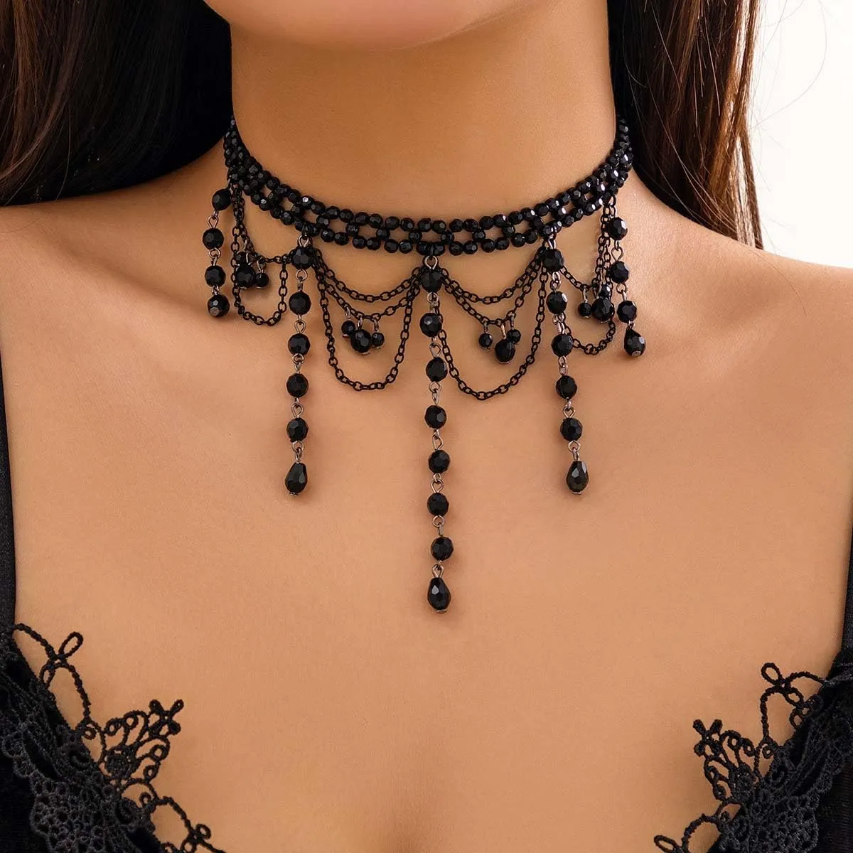 Wedity Stile Gotico Dark Cross Collana Punk Beaded Tassel Choker Collana Black Tassel Collane Gioielli di Halloween per le Donne (Nero A) - immagine 2