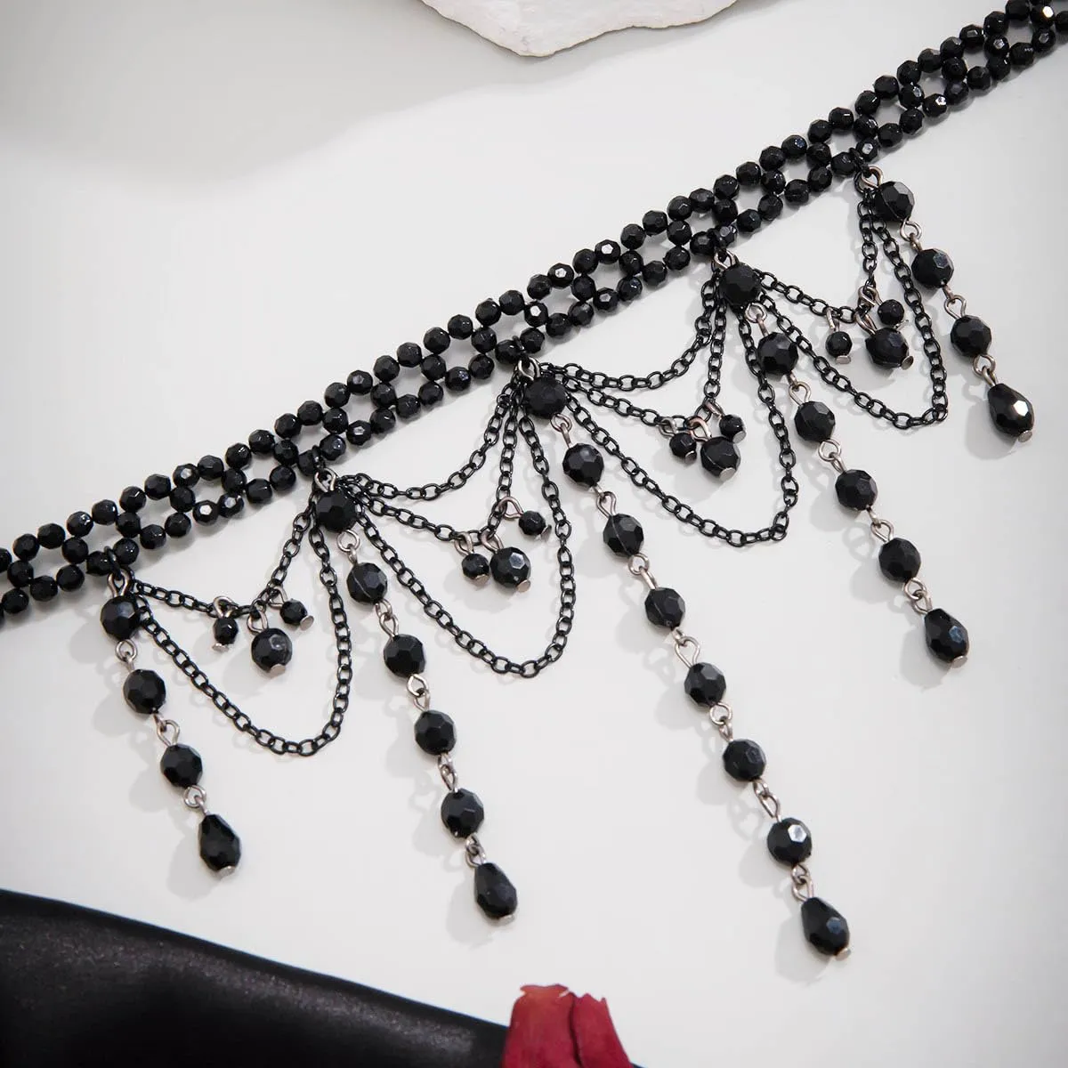 Wedity Stile Gotico Dark Cross Collana Punk Beaded Tassel Choker Collana Black Tassel Collane Gioielli di Halloween per le Donne (Nero A) - immagine 7