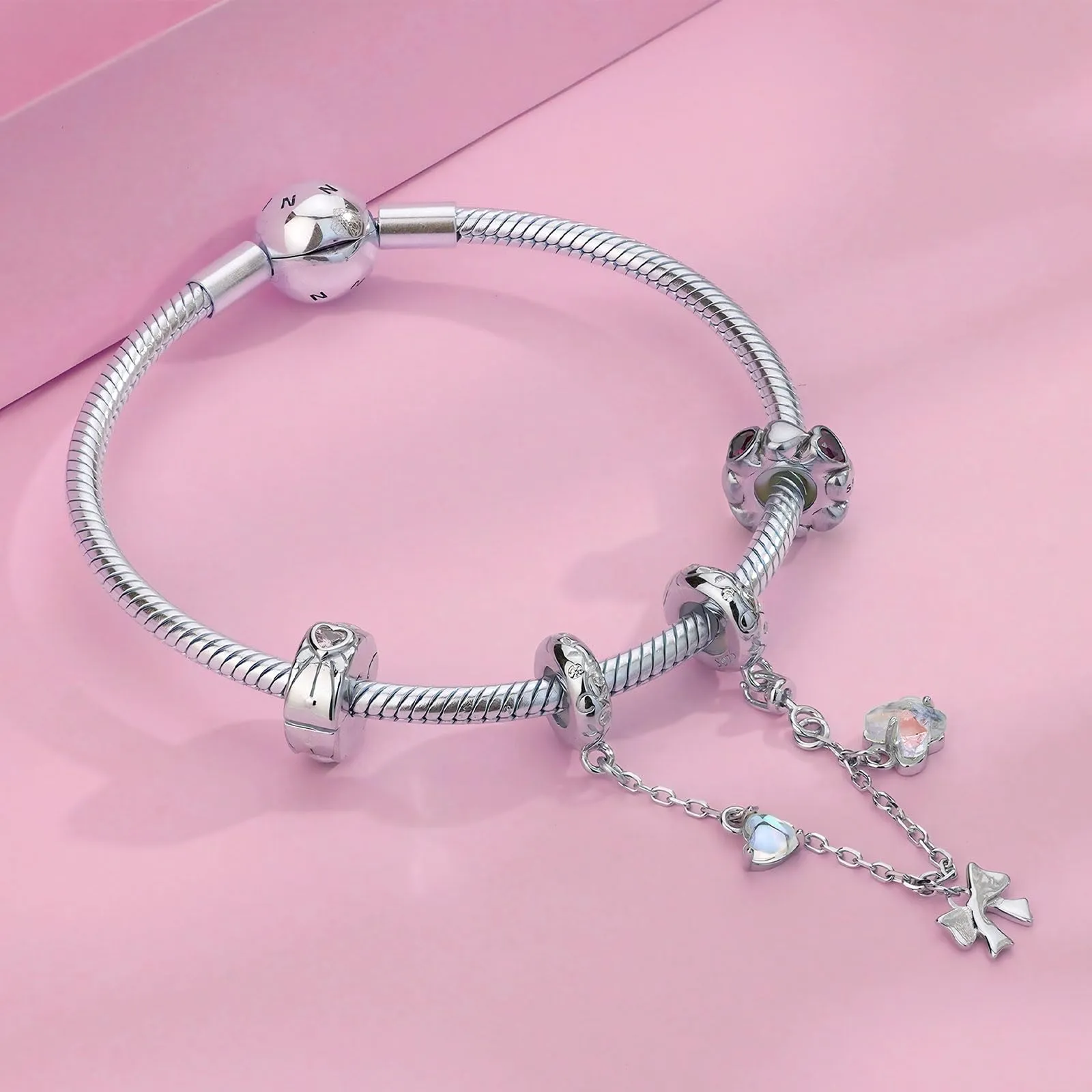 NINGAN 925 Argento Sterling A Forma Di Cuore Light Clip Charm 5a Pink Zircon Bracciale Donna Charm Compleanno Regali Di San Valentino - immagine 3