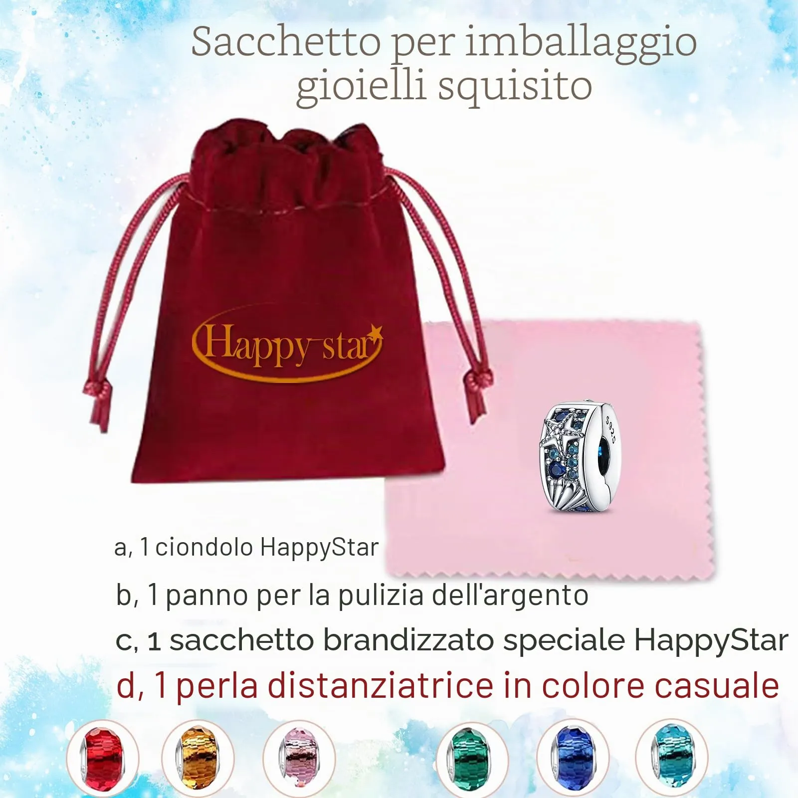 HappyStar charm argento 925 Clip Stopper Beads Charms Ciondolo perline Compatible donna bracciali (Con una perlina spaziale) - immagine 6