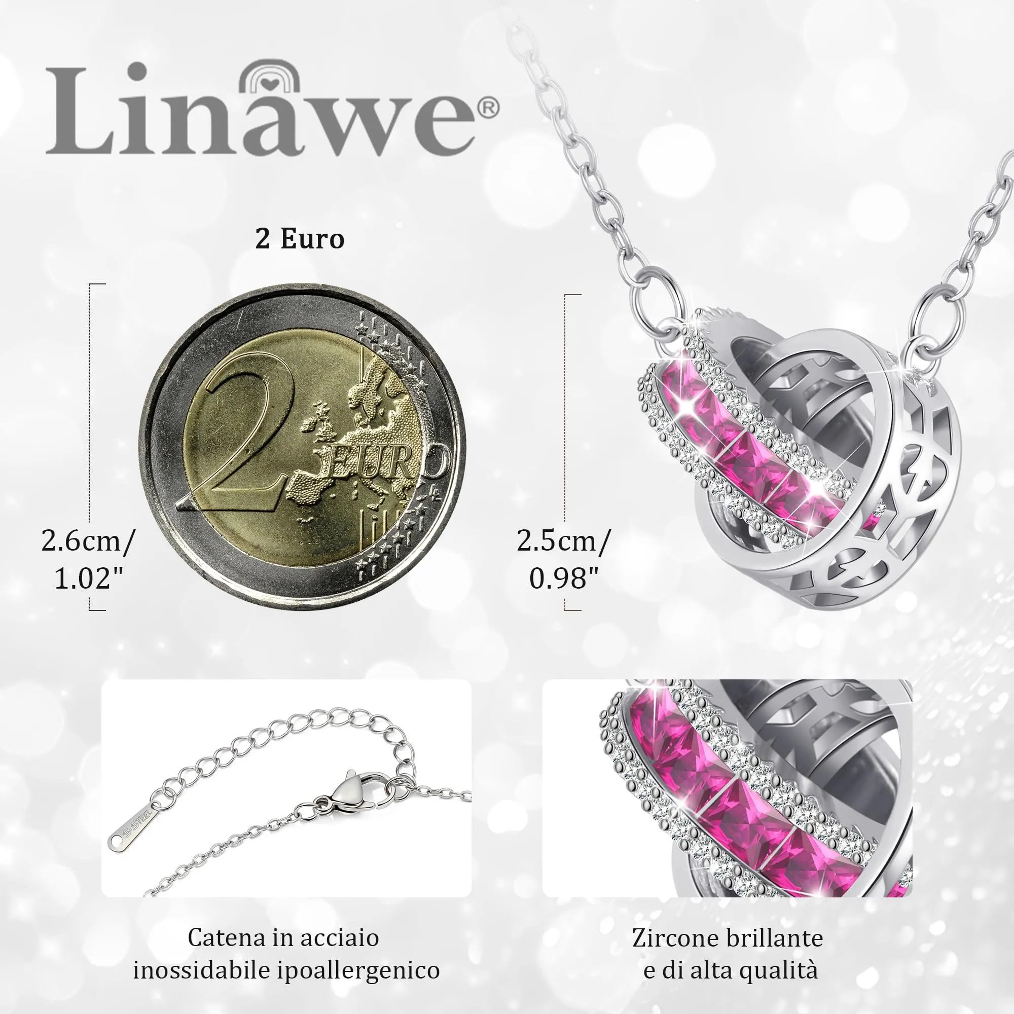 Linawe Collane da donna con catena in acciaio inossidabile, collana in argento con ciondolo in pietra preziosa rosa, gioielli in argento con pietra portafortuna, gioielli in cristallo alla moda - immagine 2