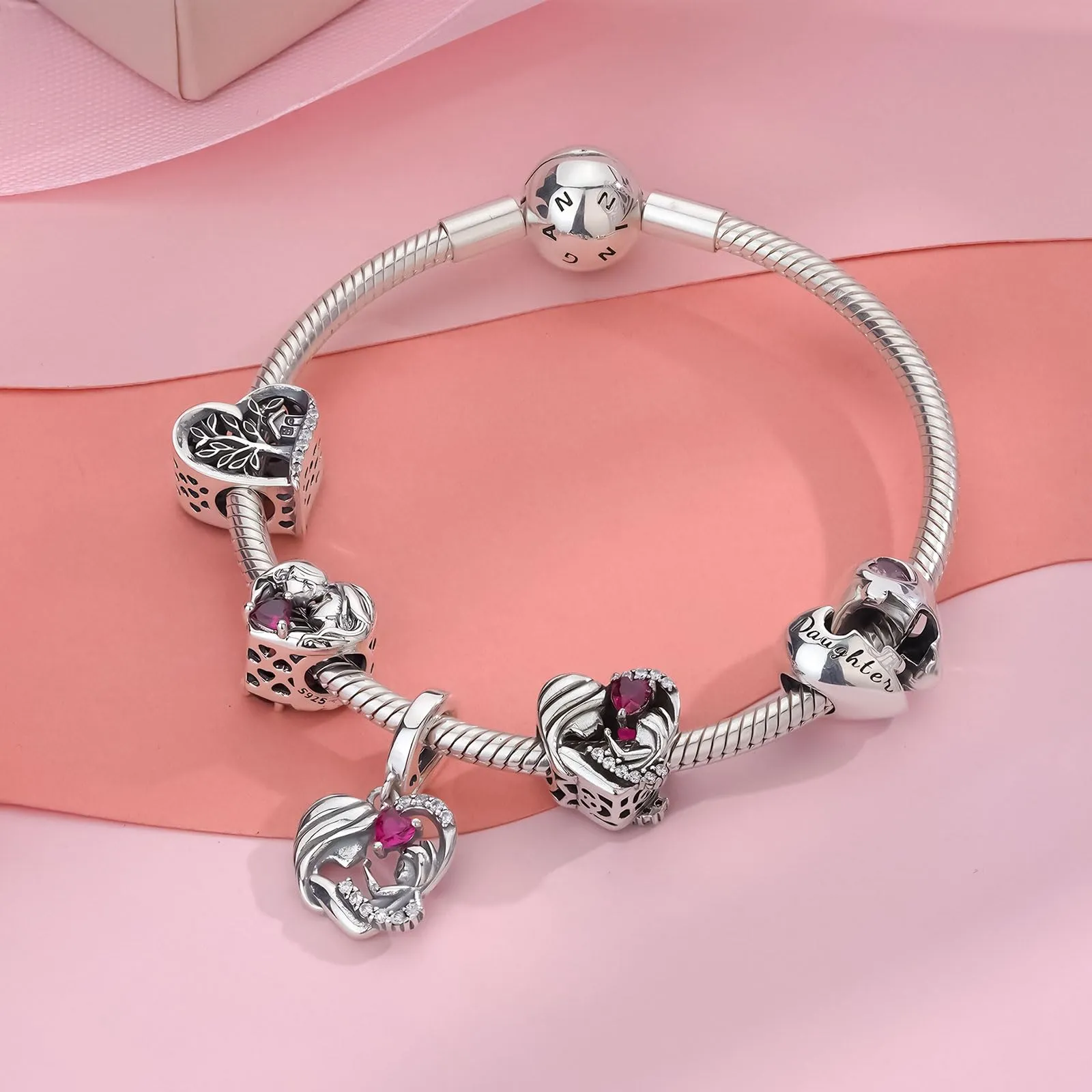 NINGAN 925 Argento Sterling Charms Cuore Puzzle Bead Amore Madre Charm, adatto per le donne Bracciale collana, regalo di compleanno della festa della mamma - immagine 2
