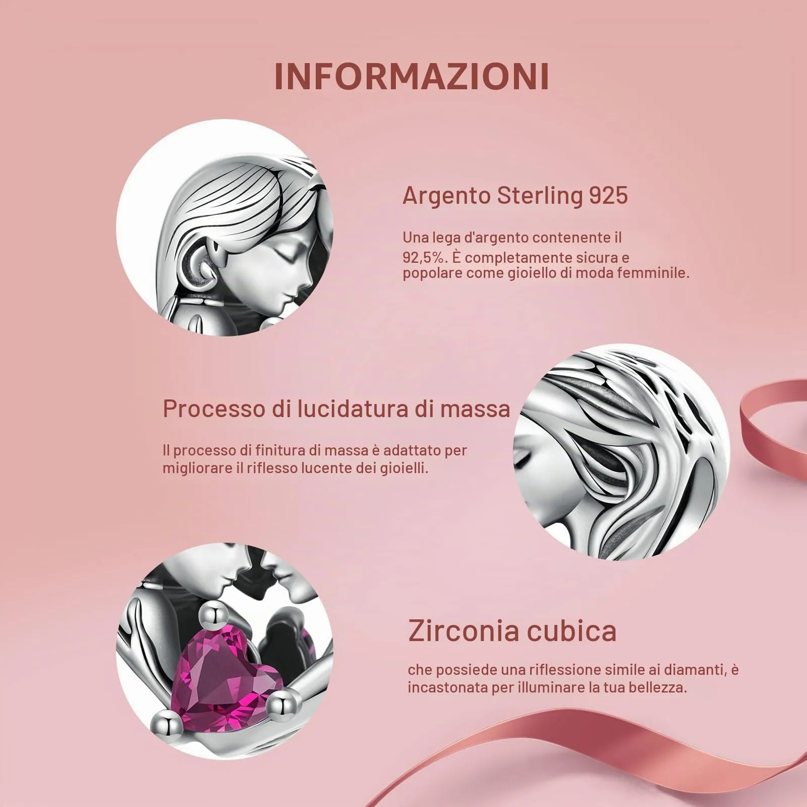 NINGAN 925 Argento Sterling Charms Cuore Puzzle Bead Amore Madre Charm, adatto per le donne Bracciale collana, regalo di compleanno della festa della mamma - immagine 3