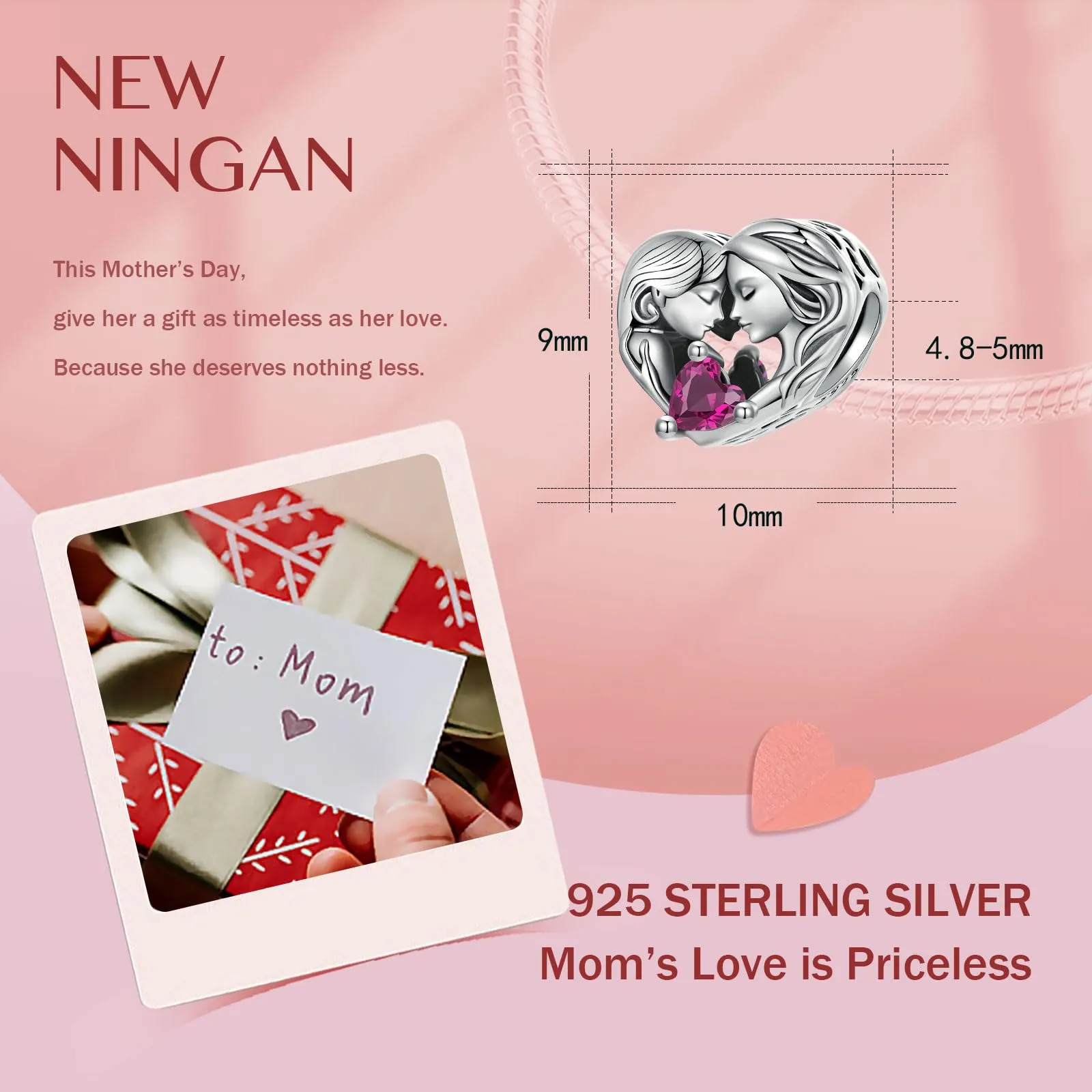 NINGAN 925 Argento Sterling Charms Cuore Puzzle Bead Amore Madre Charm, adatto per le donne Bracciale collana, regalo di compleanno della festa della mamma - immagine 5
