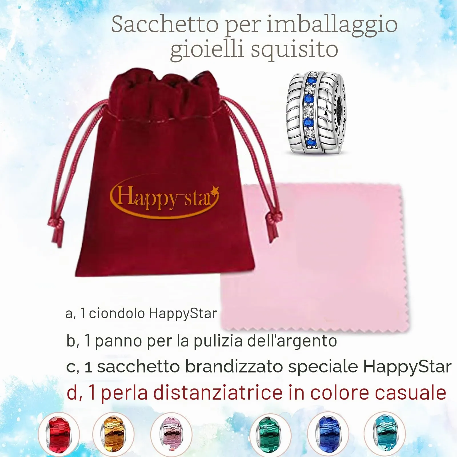 HappyStar charm argento 925 Clip Stopper Beads Charms Ciondolo perline Compatible donna bracciali (Con una perlina spaziale) - immagine 5