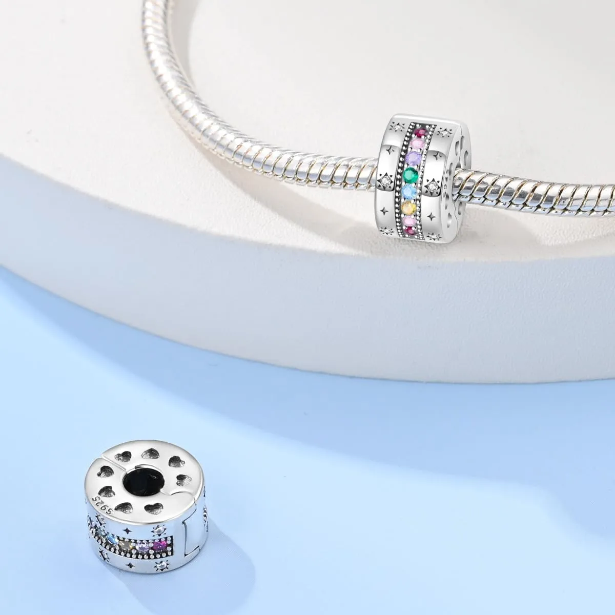 HappyStar charm argento 925 Clip Stopper Beads Charms Ciondolo perline Compatible donna bracciali (Con una perlina spaziale) - immagine 2