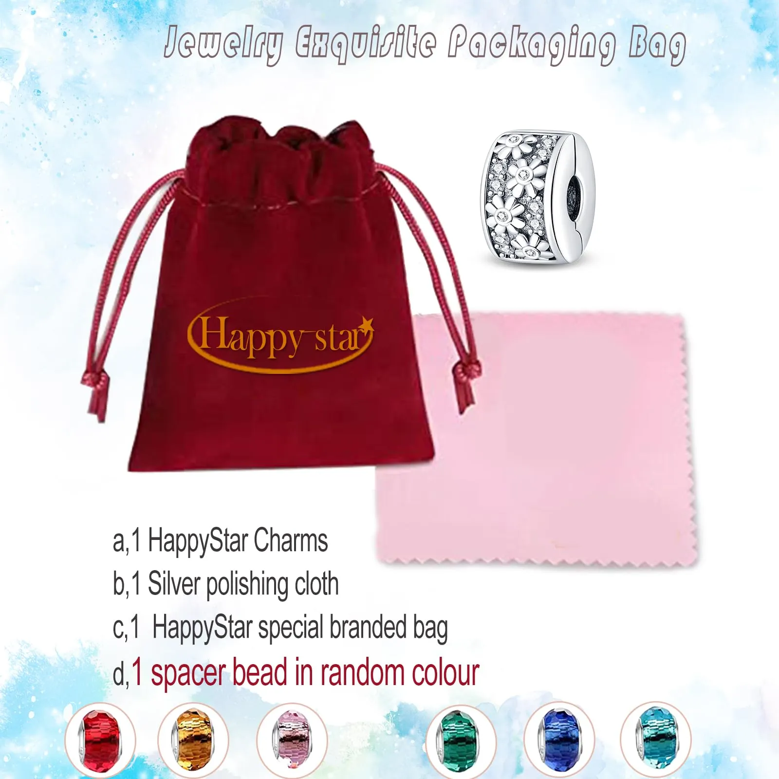 HappyStar charm argento 925 Clip Stopper Beads Charms Ciondolo perline Compatible donna bracciali (Con una perlina spaziale) - immagine 6