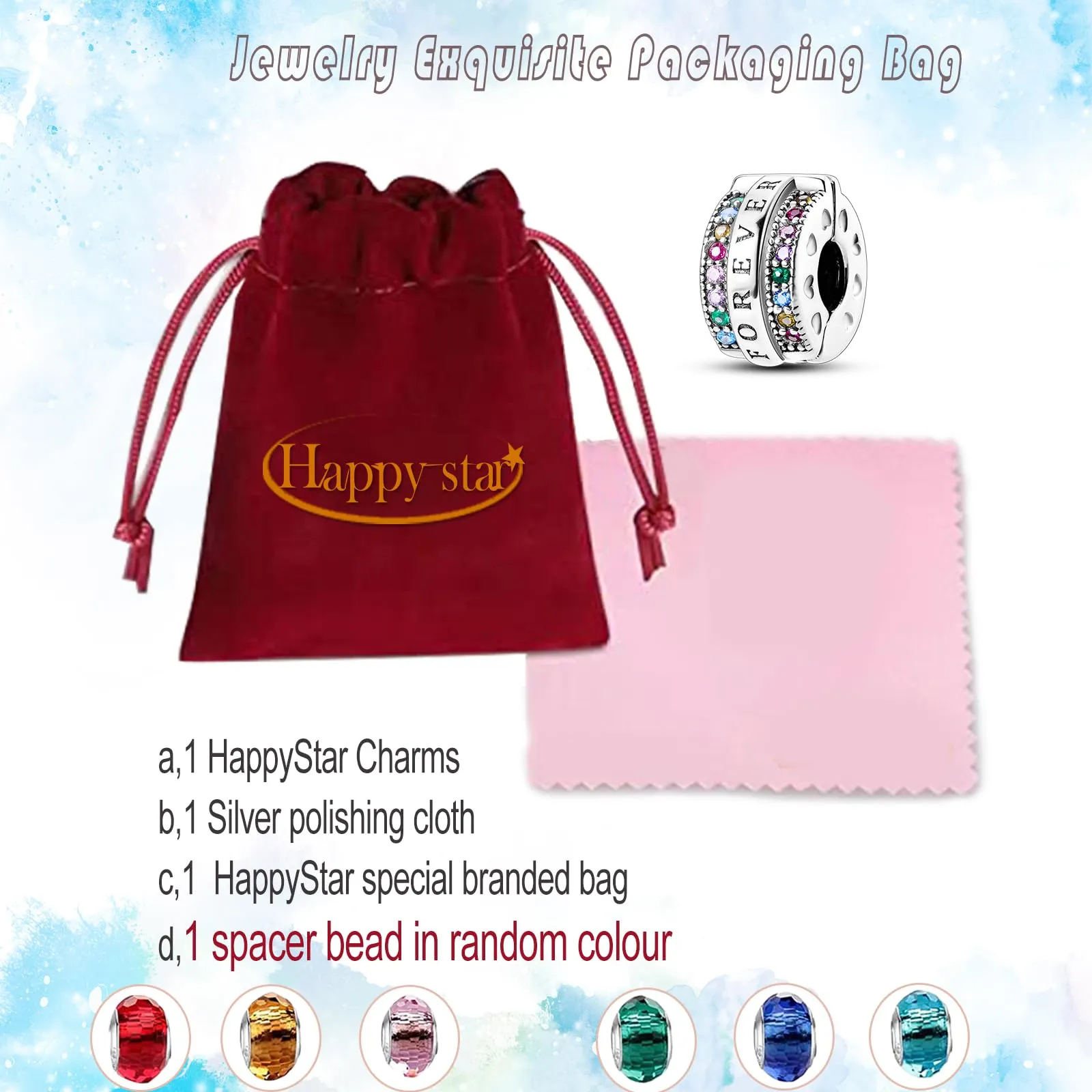 HappyStar charm argento 925 Clip Stopper Beads Charms Ciondolo perline Compatible donna bracciali (Con una perlina spaziale) - immagine 4