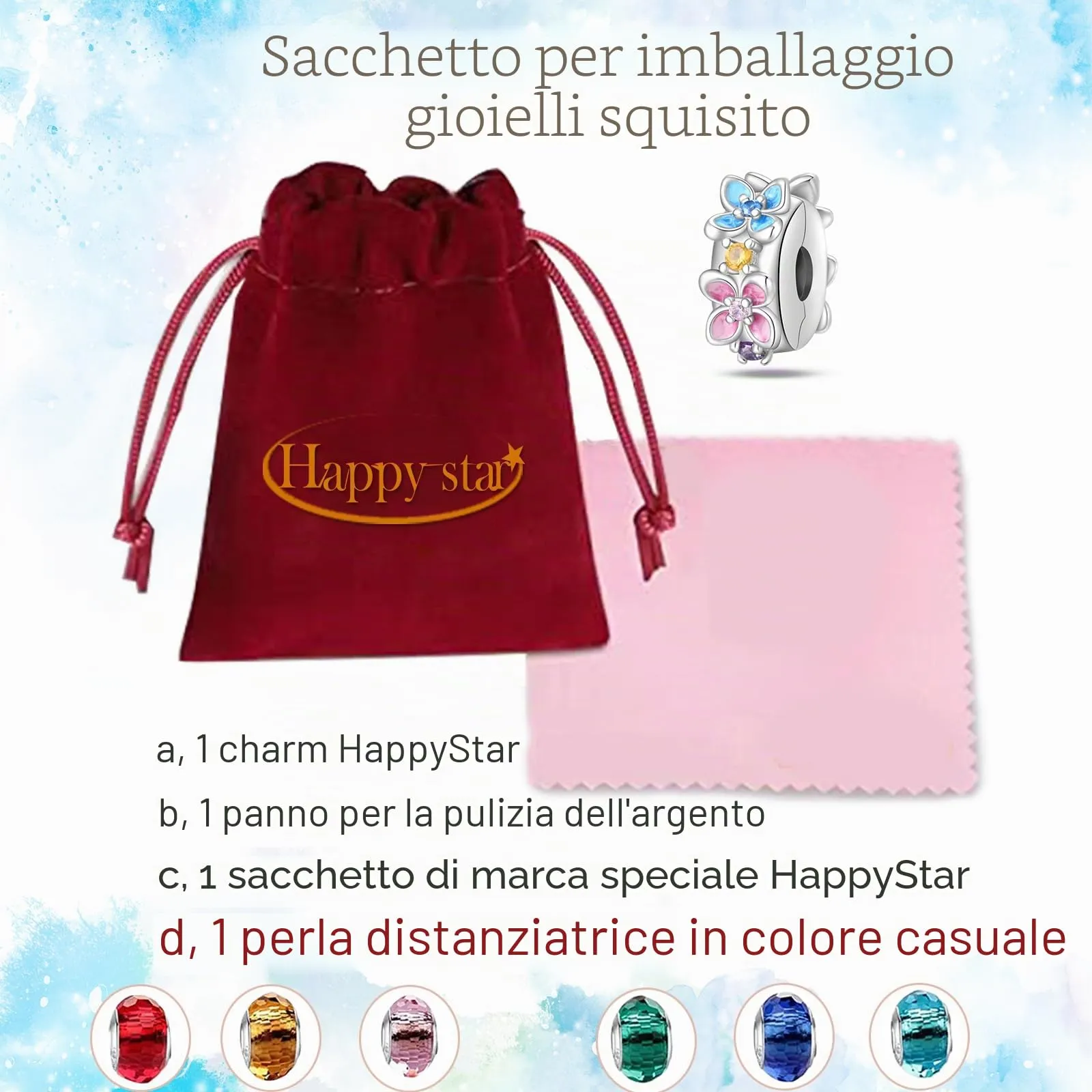 HappyStar charm argento 925 Clip Stopper Beads Charms Ciondolo perline Compatible donna bracciali (Con una perlina spaziale) - immagine 5