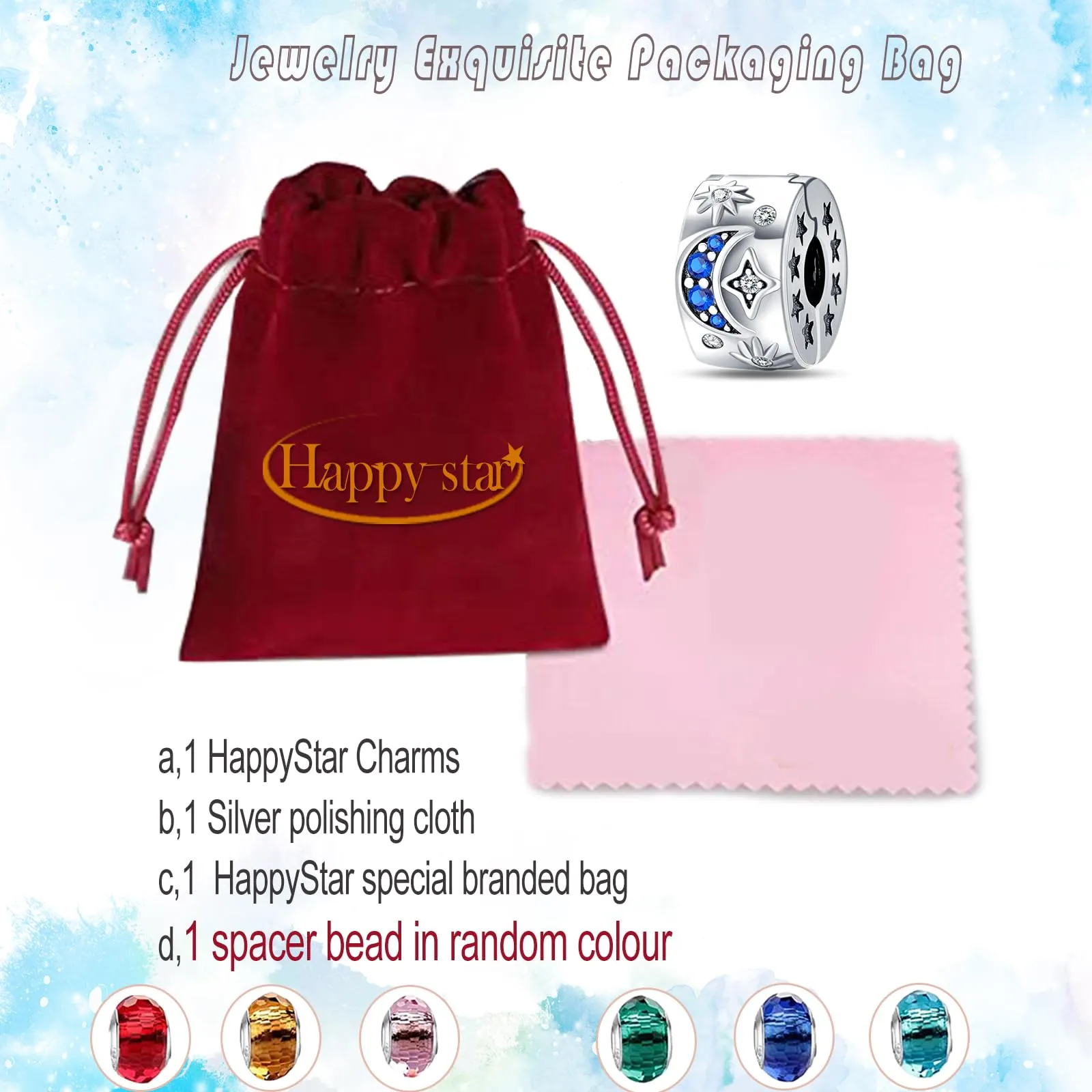 HappyStar charm argento 925 Clip Stopper Beads Charms Ciondolo perline Compatible donna bracciali (Con una perlina spaziale) - immagine 6