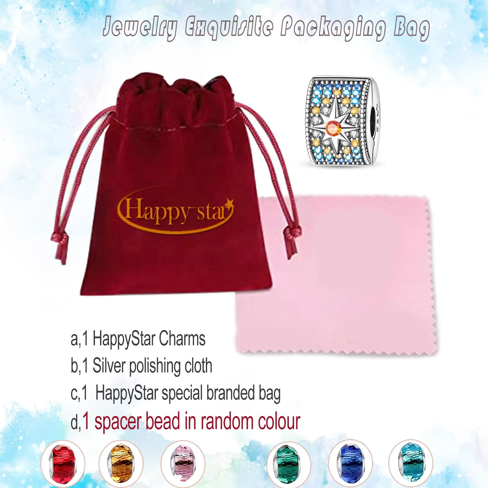 HappyStar charm argento 925 Clip Stopper Beads Charms Ciondolo perline Compatible donna bracciali (Con una perlina spaziale) - immagine 5