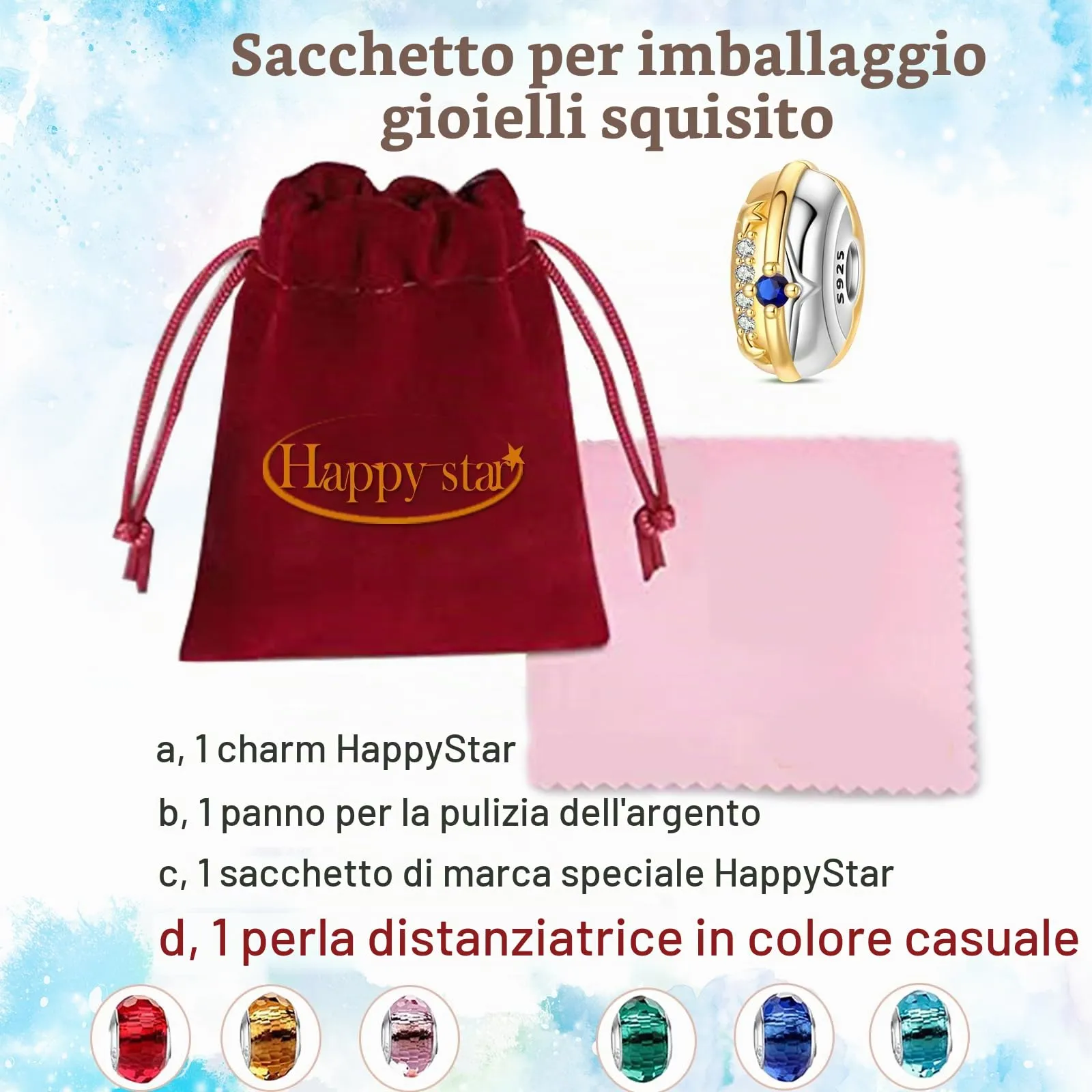 HappyStar charm argento 925 Clip Stopper Beads Charms Ciondolo perline Compatible donna bracciali (Con una perlina spaziale) - immagine 5
