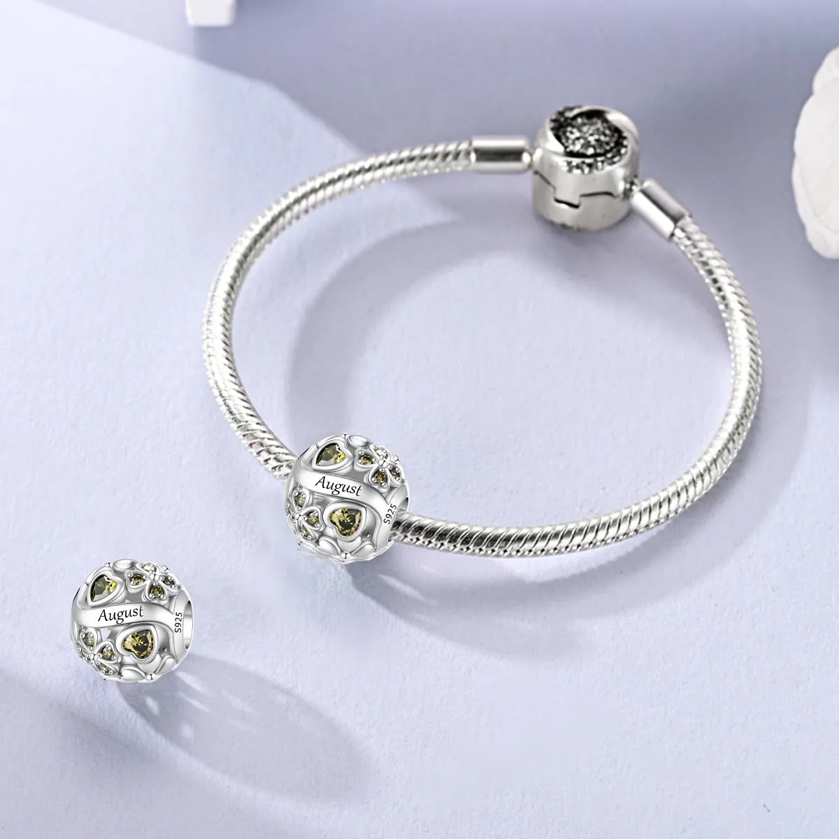 LNQOBU Birthstone Charms per Braccialetti, 925 Argento Sterling Perline di Fascino a Forma di Cuore con trifoglio Portafortuna, Ciondolo d'amore, Regalo di Compleanno per le Donne - immagine 3