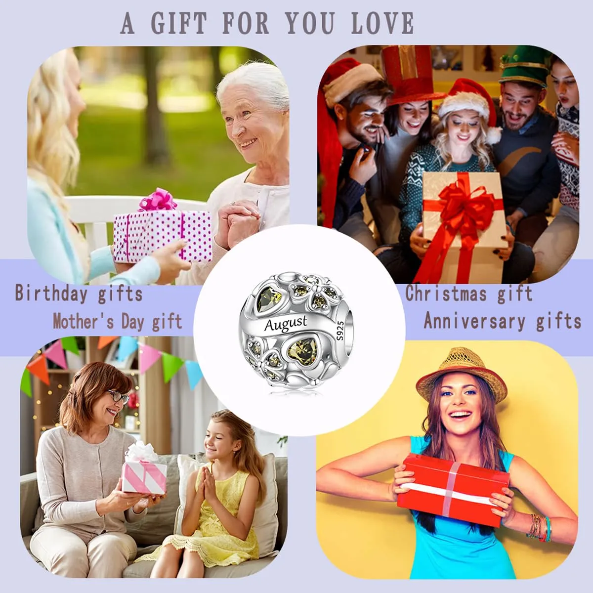 LNQOBU Birthstone Charms per Braccialetti, 925 Argento Sterling Perline di Fascino a Forma di Cuore con trifoglio Portafortuna, Ciondolo d'amore, Regalo di Compleanno per le Donne - immagine 6
