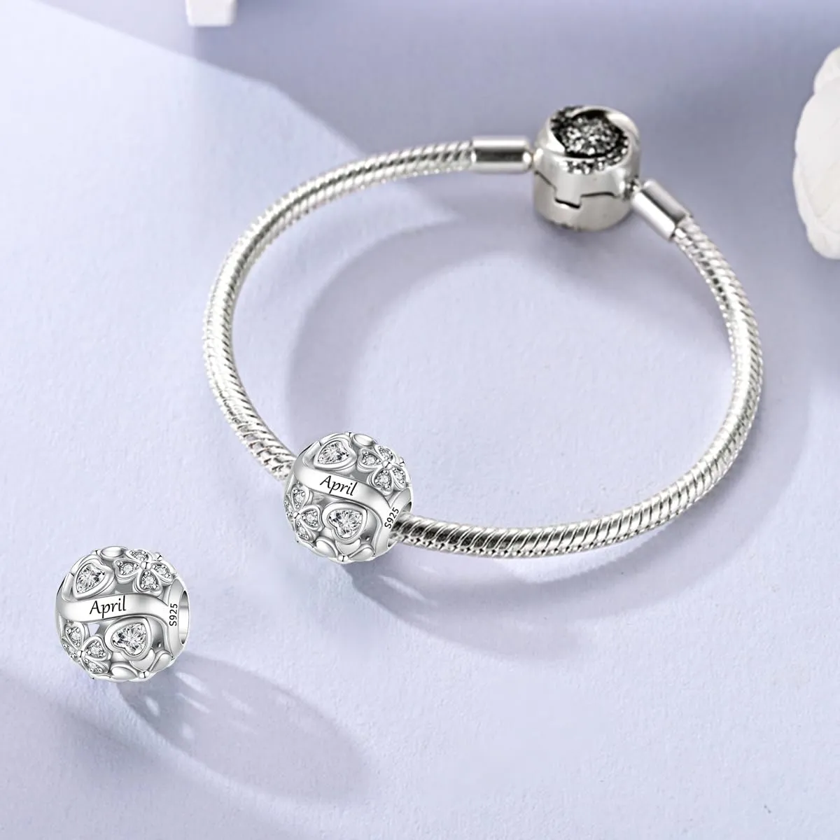 LNQOBU Birthstone Charms per Braccialetti, 925 Argento Sterling Perline di Fascino a Forma di Cuore con trifoglio Portafortuna, Ciondolo d'amore, Regalo di Compleanno per le Donne - immagine 2