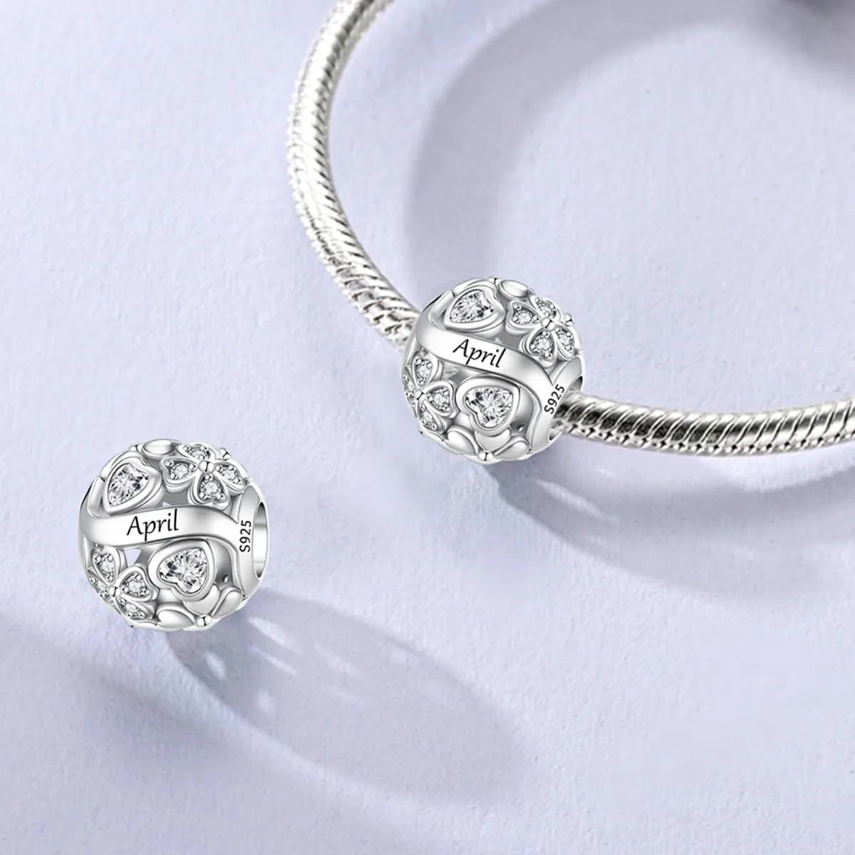 LNQOBU Birthstone Charms per Braccialetti, 925 Argento Sterling Perline di Fascino a Forma di Cuore con trifoglio Portafortuna, Ciondolo d'amore, Regalo di Compleanno per le Donne - immagine 4