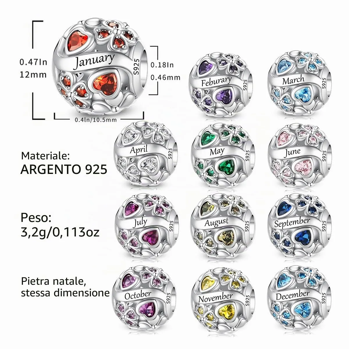 LNQOBU Birthstone Charms per Braccialetti, 925 Argento Sterling Perline di Fascino a Forma di Cuore con trifoglio Portafortuna, Ciondolo d'amore, Regalo di Compleanno per le Donne - immagine 5