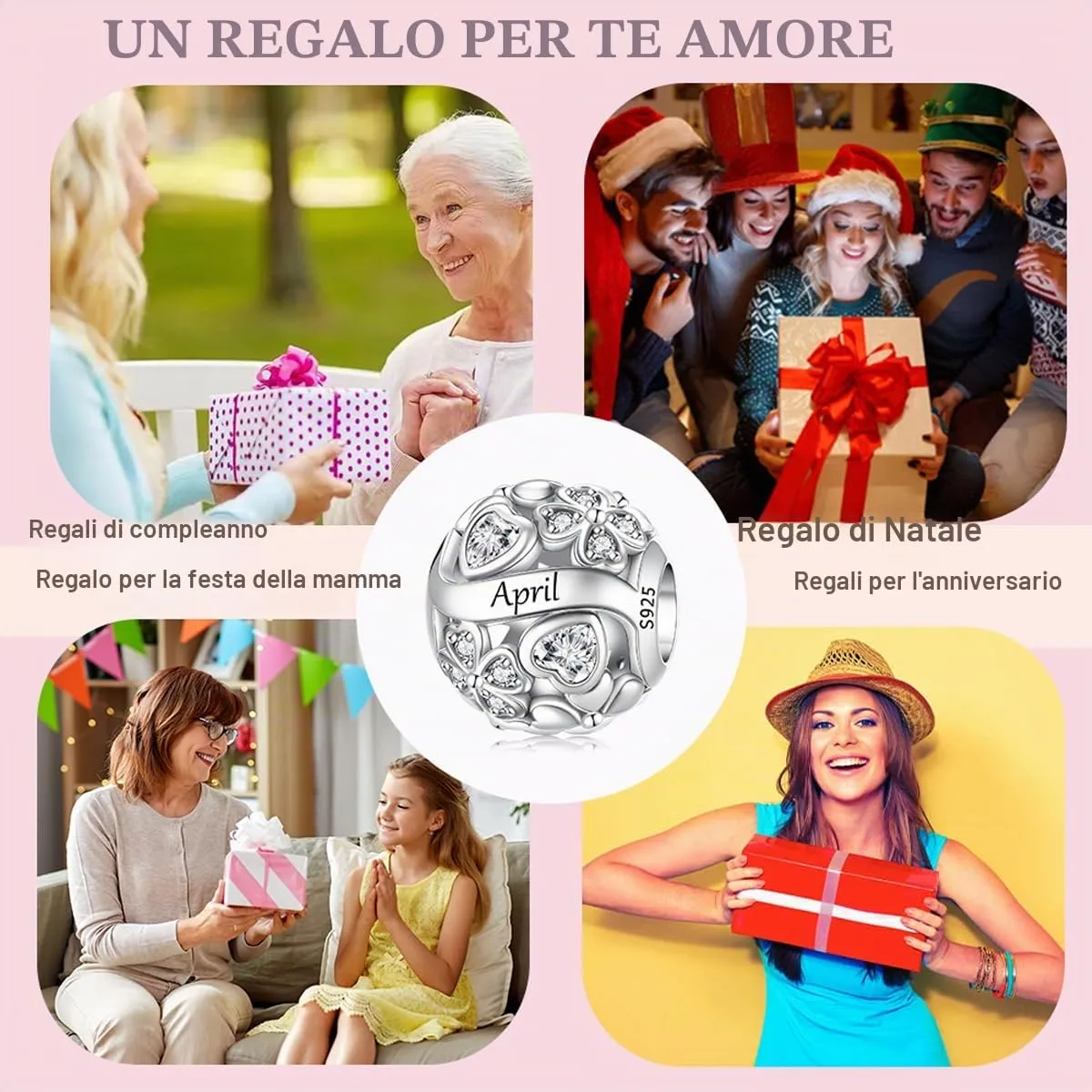 LNQOBU Birthstone Charms per Braccialetti, 925 Argento Sterling Perline di Fascino a Forma di Cuore con trifoglio Portafortuna, Ciondolo d'amore, Regalo di Compleanno per le Donne - immagine 6