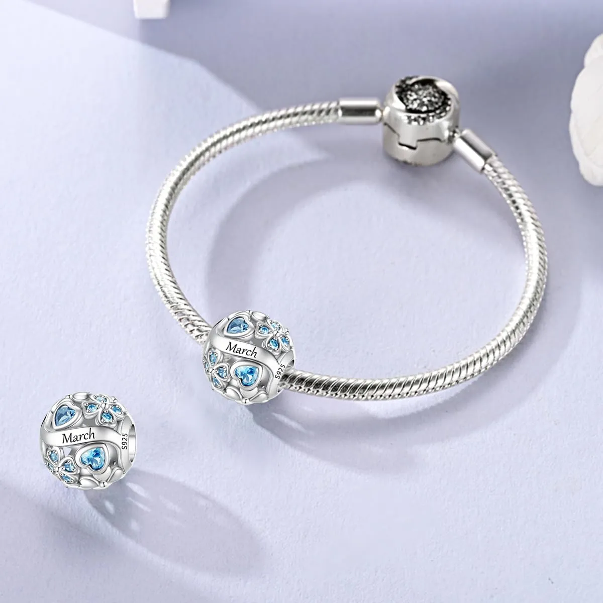 LNQOBU Birthstone Charms per Braccialetti, 925 Argento Sterling Perline di Fascino a Forma di Cuore con trifoglio Portafortuna, Ciondolo d'amore, Regalo di Compleanno per le Donne - immagine 2