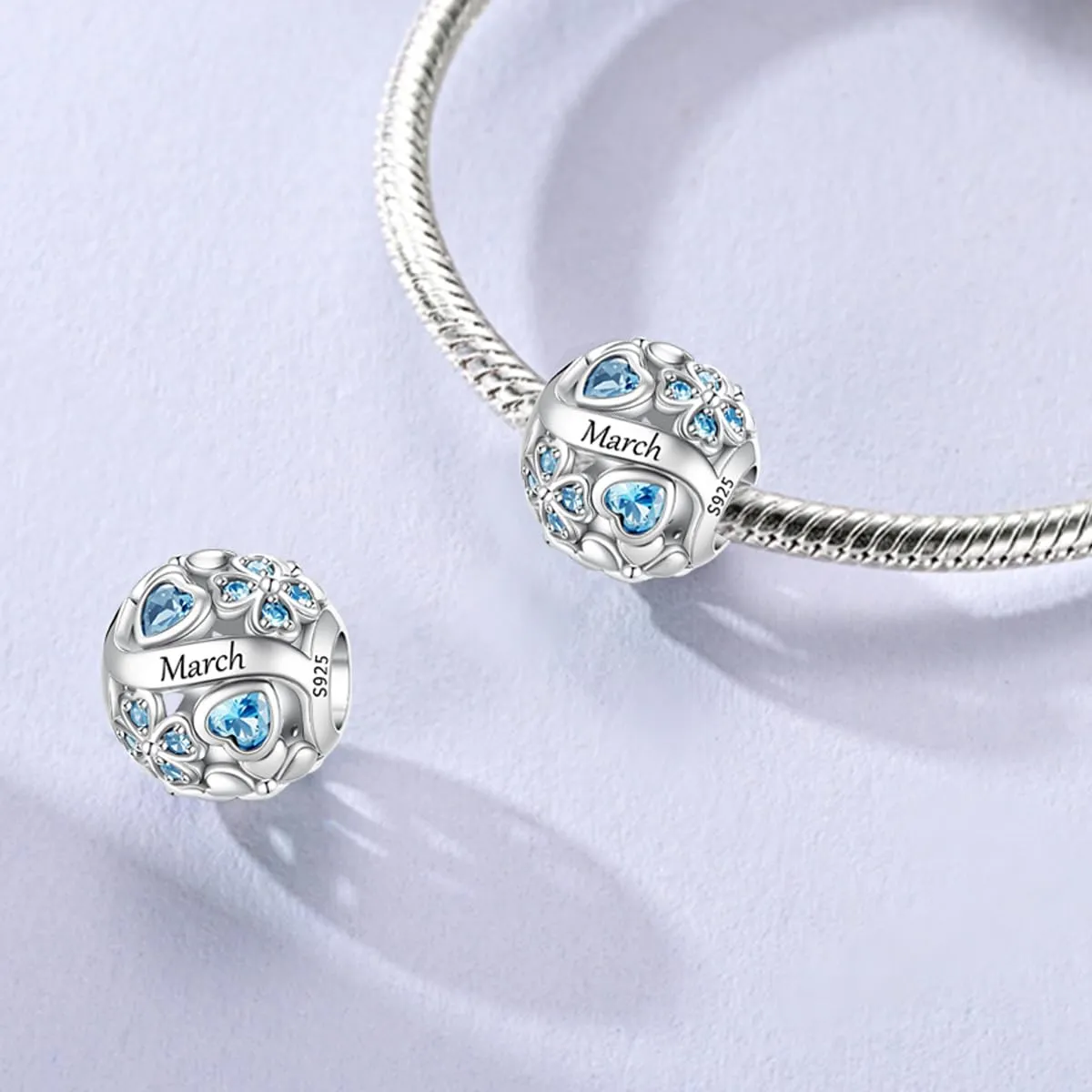 LNQOBU Birthstone Charms per Braccialetti, 925 Argento Sterling Perline di Fascino a Forma di Cuore con trifoglio Portafortuna, Ciondolo d'amore, Regalo di Compleanno per le Donne - immagine 3