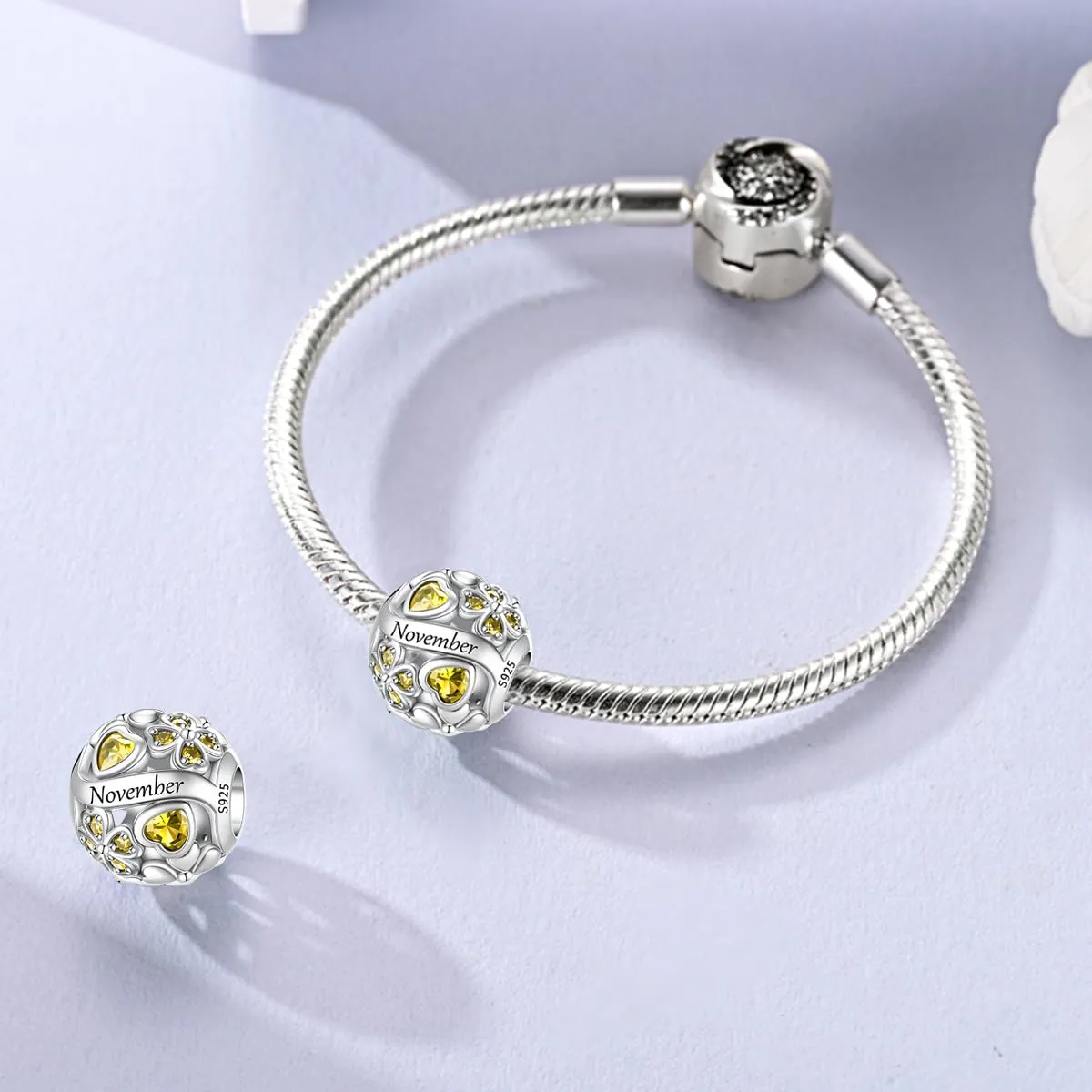 LNQOBU Birthstone Charms per Braccialetti, 925 Argento Sterling Perline di Fascino a Forma di Cuore con trifoglio Portafortuna, Ciondolo d'amore, Regalo di Compleanno per le Donne - immagine 2